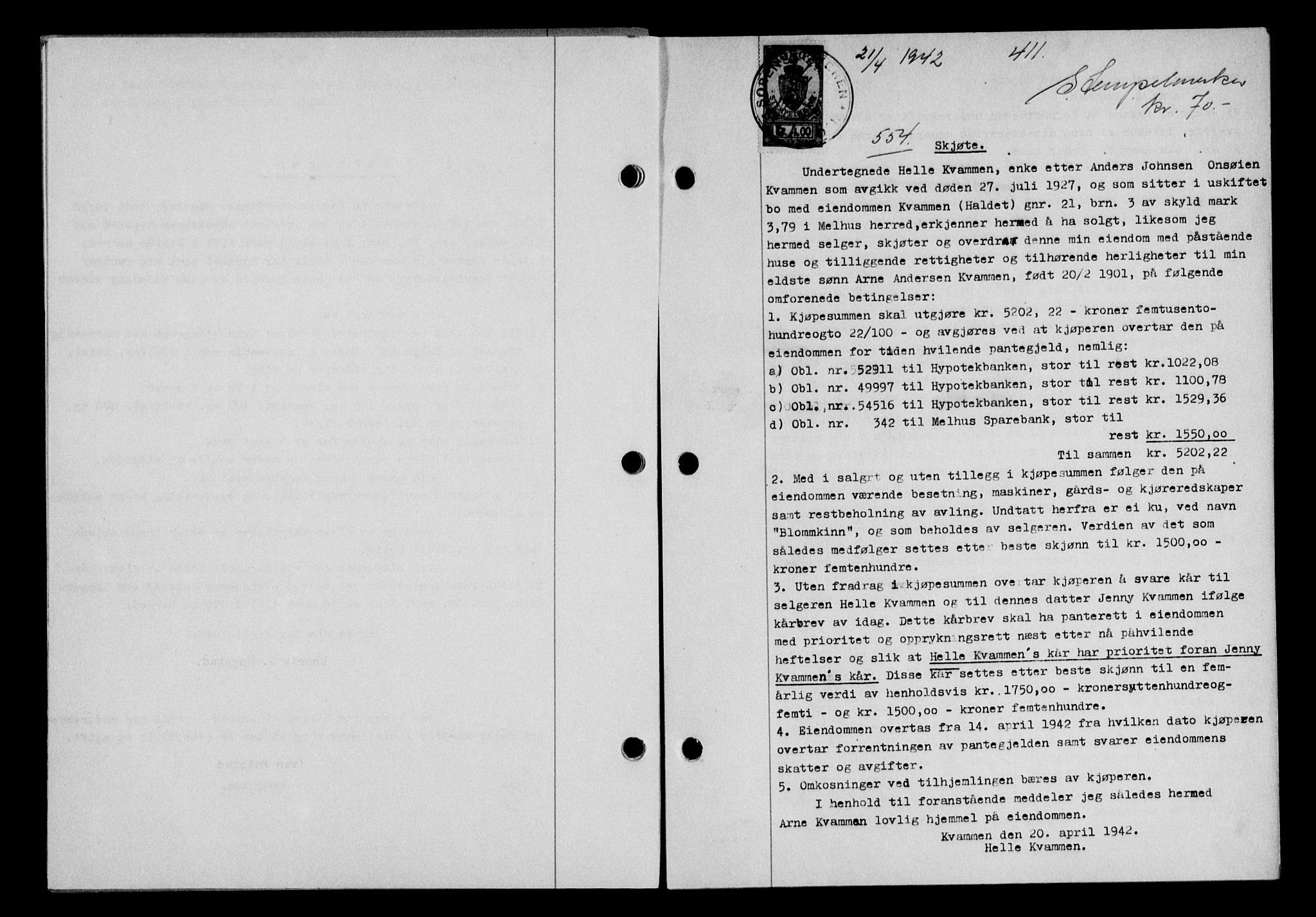 Gauldal sorenskriveri, SAT/A-0014/1/2/2C/L0054: Pantebok nr. 59, 1941-1942, Dagboknr: 554/1942