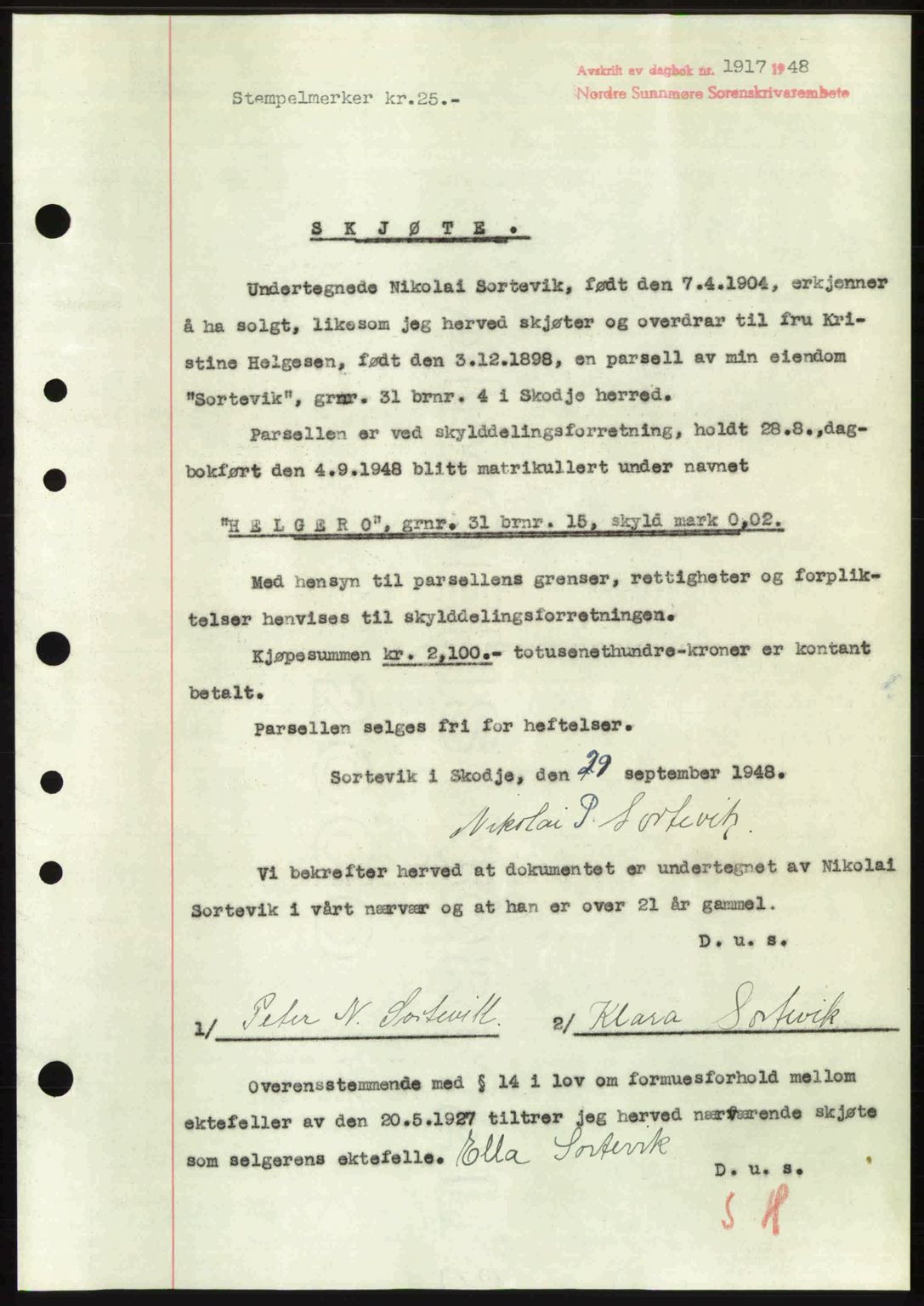 Nordre Sunnmøre sorenskriveri, SAT/A-0006/1/2/2C/2Ca: Pantebok nr. A29, 1948-1949, Dagboknr: 1917/1948