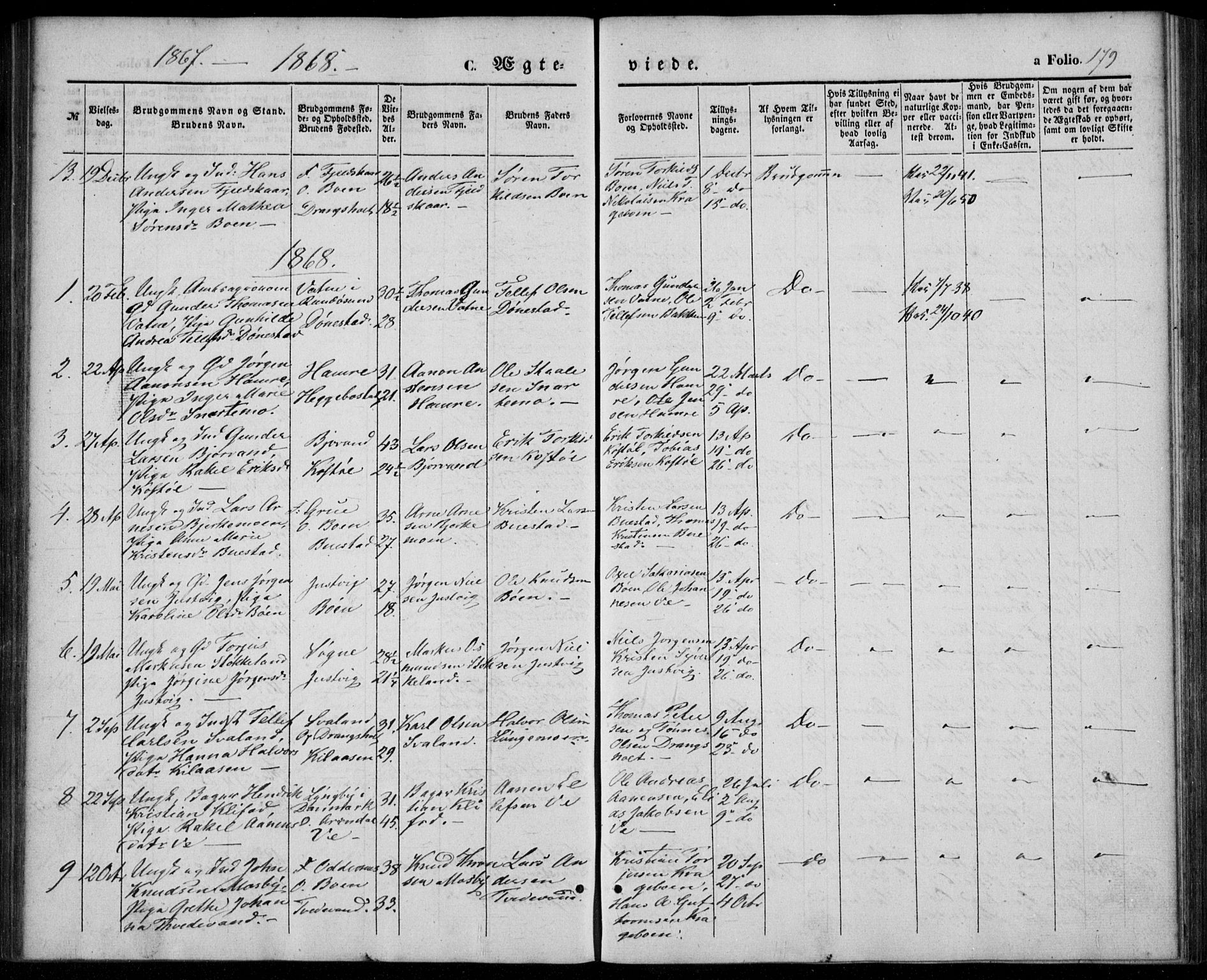 Tveit sokneprestkontor, AV/SAK-1111-0043/F/Fa/L0005: Ministerialbok nr. A 5, 1853-1871, s. 179