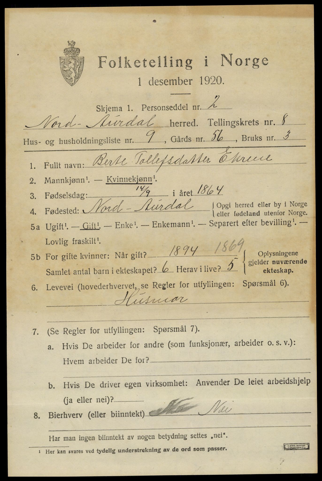 SAH, Folketelling 1920 for 0542 Nord-Aurdal herred, 1920, s. 6846