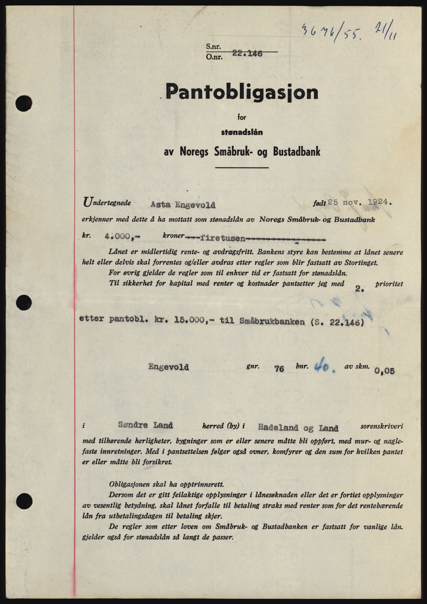 Hadeland og Land tingrett, SAH/TING-010/H/Hb/Hbc/L0033: Pantebok nr. B33, 1955-1956, Dagboknr: 3676/1955