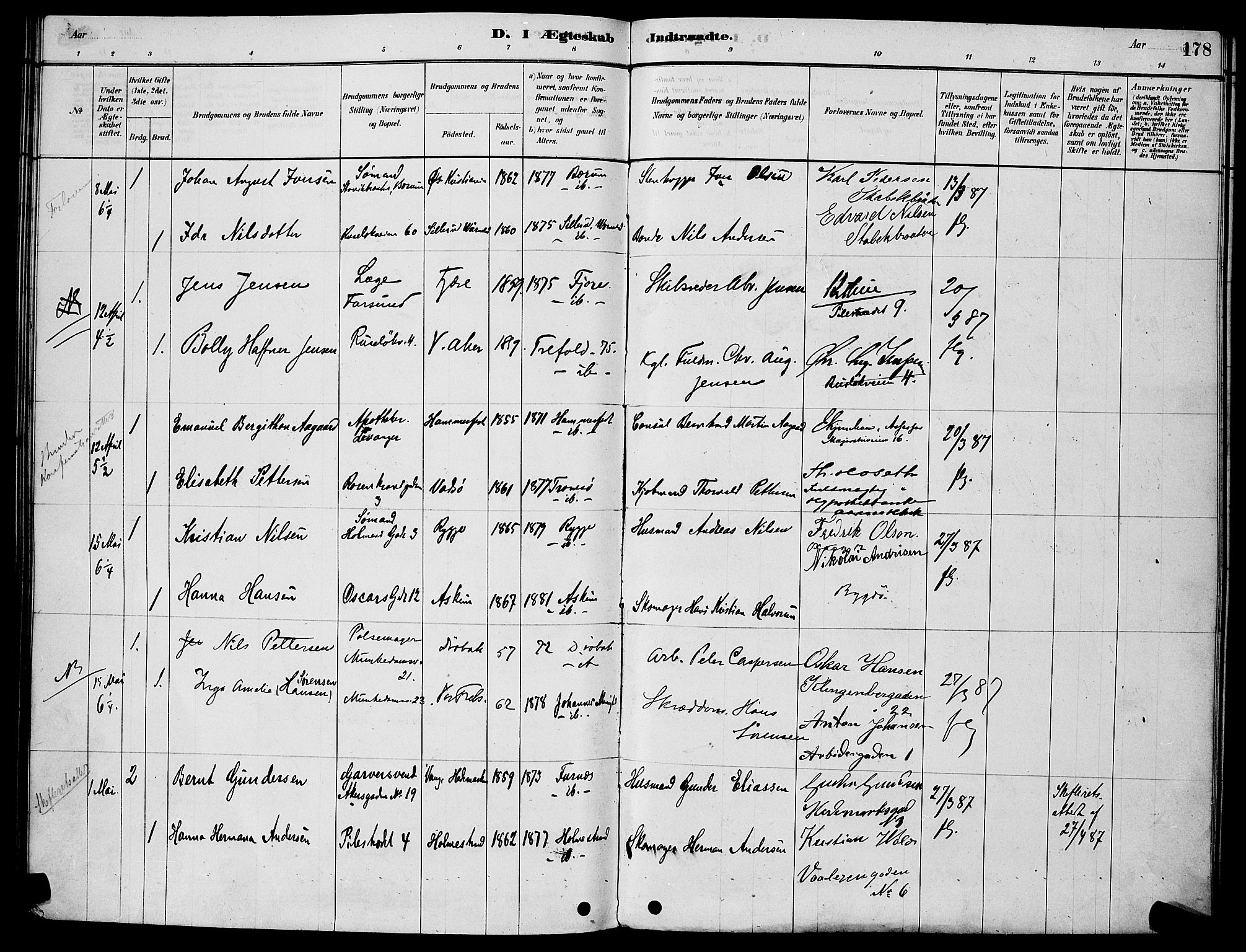 Trefoldighet prestekontor Kirkebøker, AV/SAO-A-10882/H/Ha/L0003: Lysningsprotokoll nr. 3, 1878-1888, s. 178