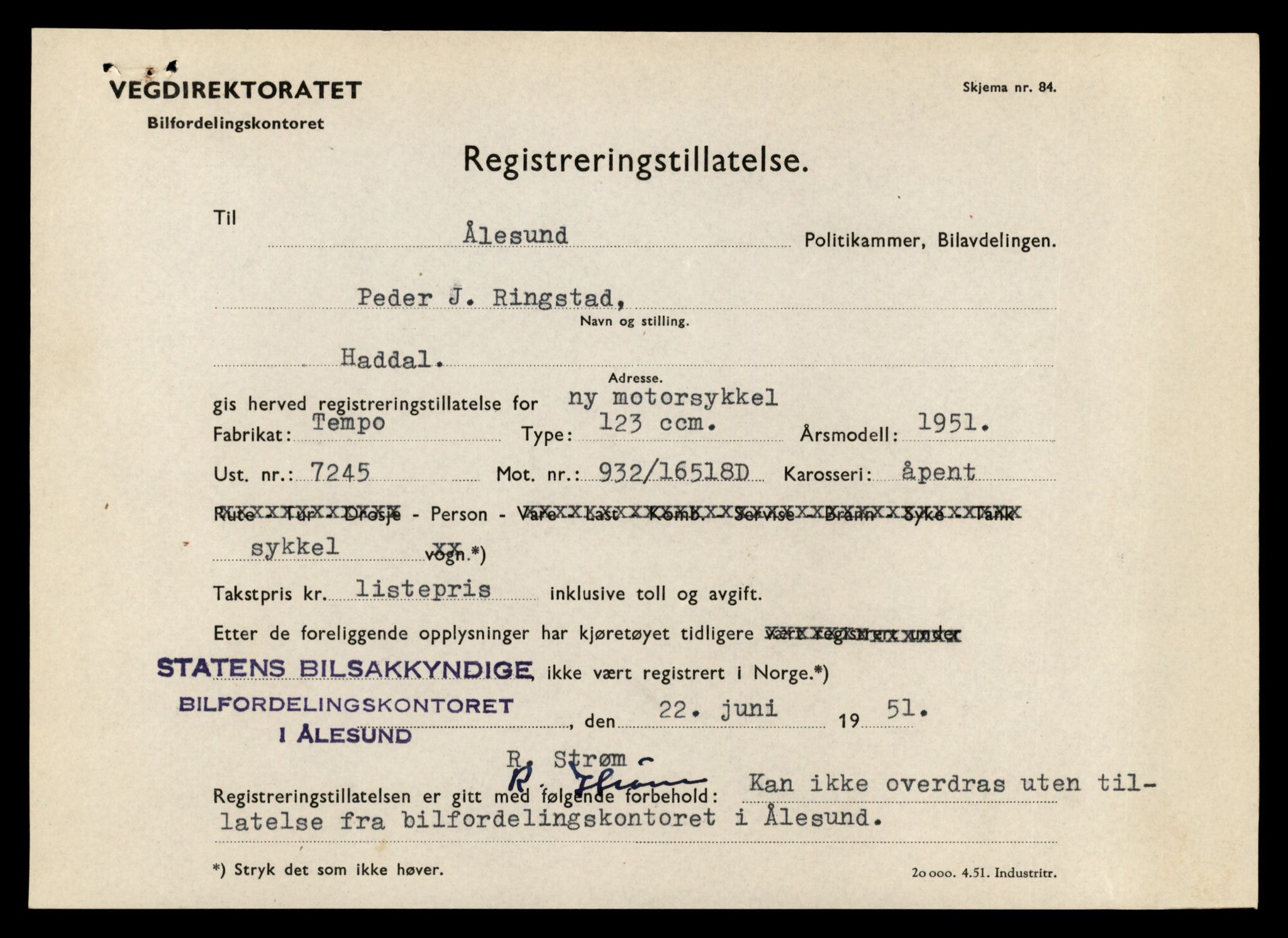 Møre og Romsdal vegkontor - Ålesund trafikkstasjon, AV/SAT-A-4099/F/Fe/L0026: Registreringskort for kjøretøy T 11046 - T 11160, 1927-1998, s. 79