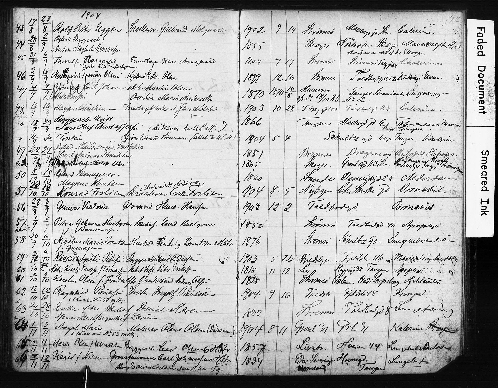 Strømsø kirkebøker, AV/SAKO-A-246/Y/Ya/L0006: Kladd til kirkebok nr. I 6, 1903-1915, s. 192