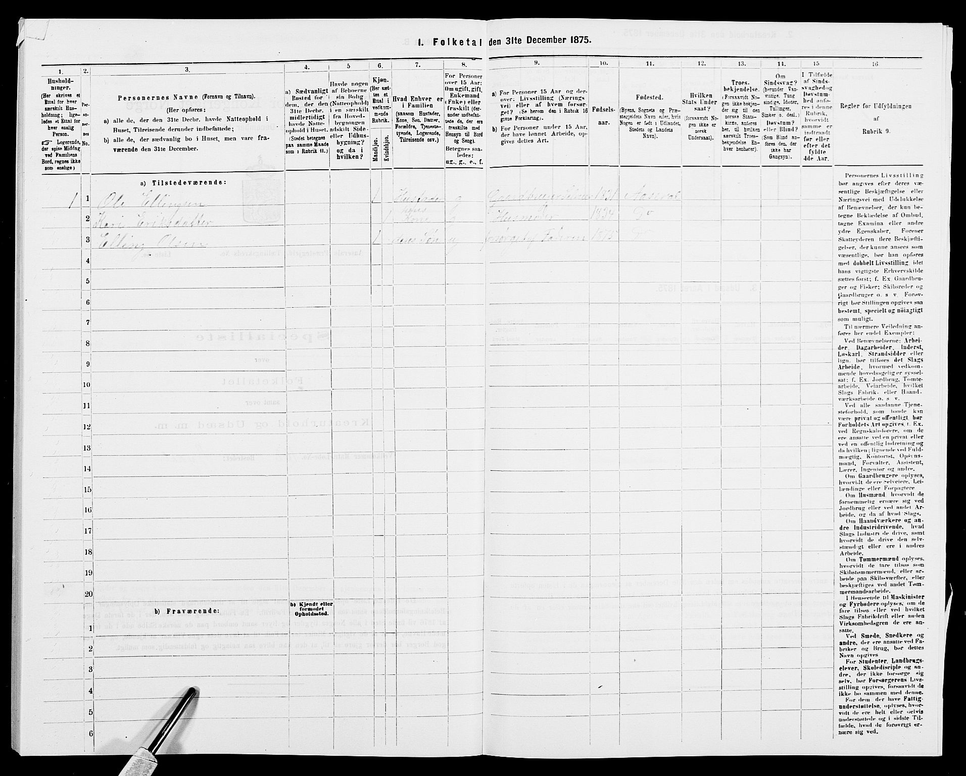 SAK, Folketelling 1875 for 0980P Åseral prestegjeld, 1875, s. 414