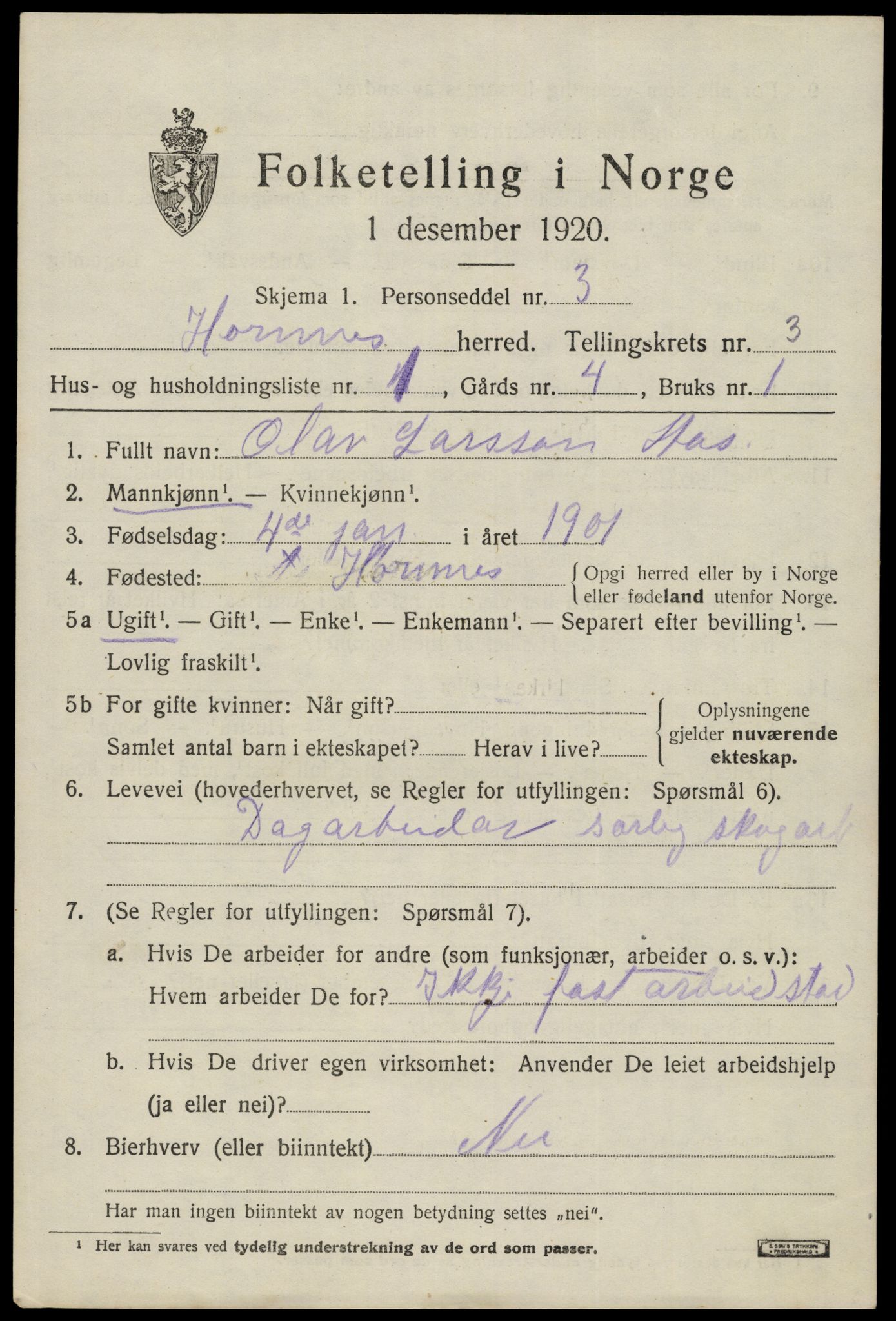 SAK, Folketelling 1920 for 0936 Hornnes herred, 1920, s. 807
