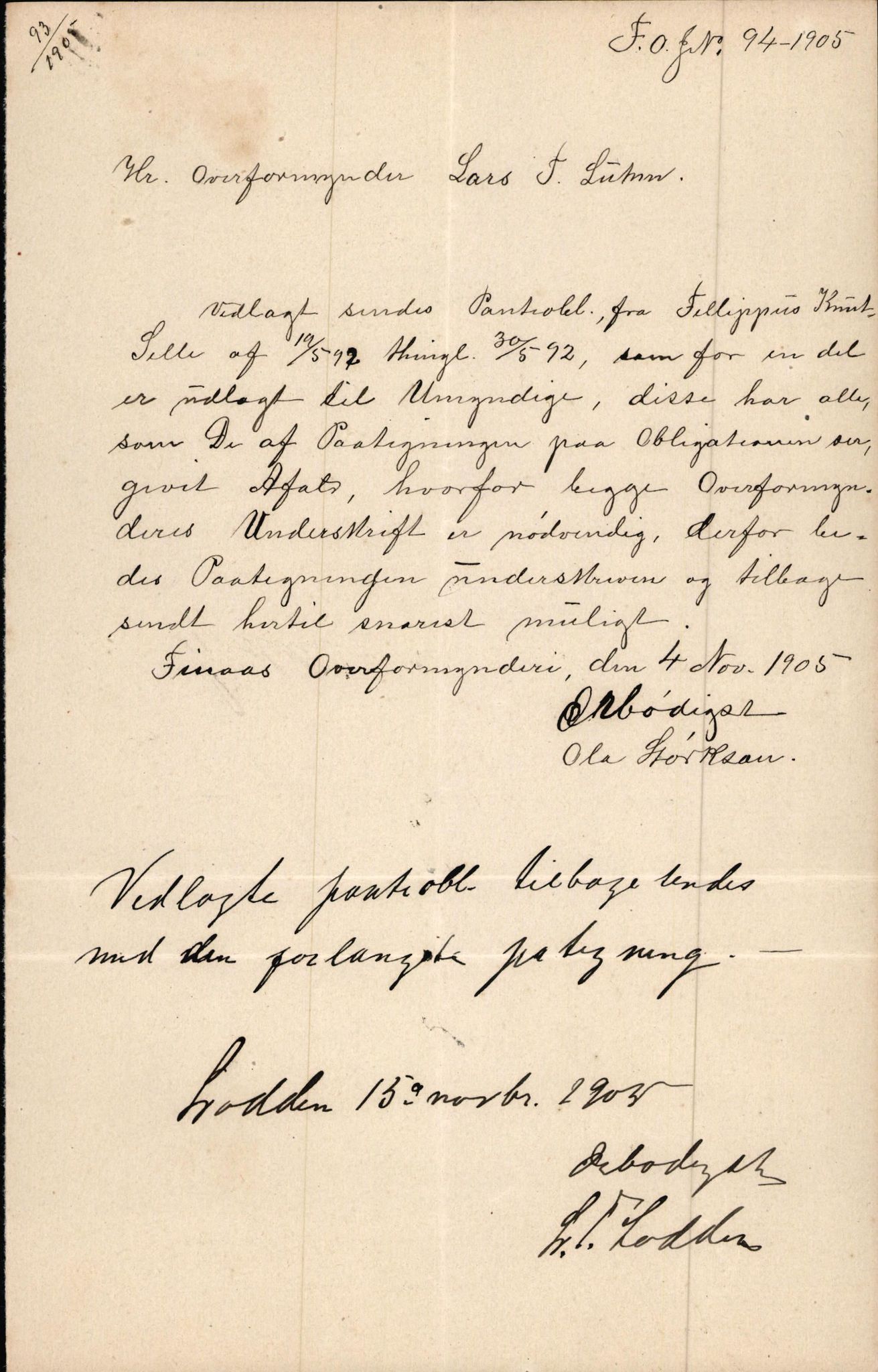 Finnaas kommune. Overformynderiet, IKAH/1218a-812/D/Da/Daa/L0002/0003: Kronologisk ordna korrespondanse / Kronologisk ordna korrespondanse, 1905-1909, s. 38