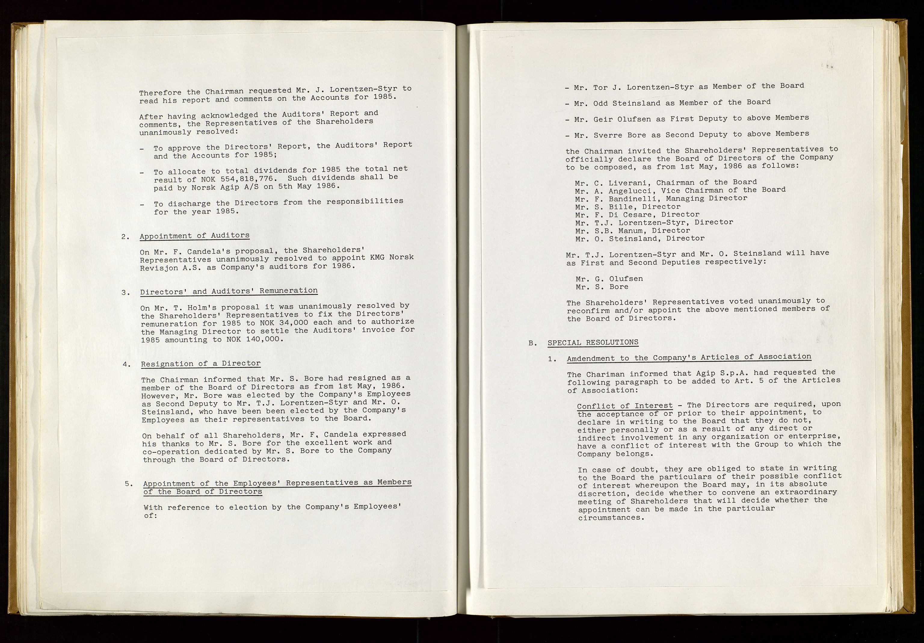 Pa 1583 - Norsk Agip AS, AV/SAST-A-102138/A/Aa/L0001: General assembly and Board of Directors meeting minutes, 1965-1990