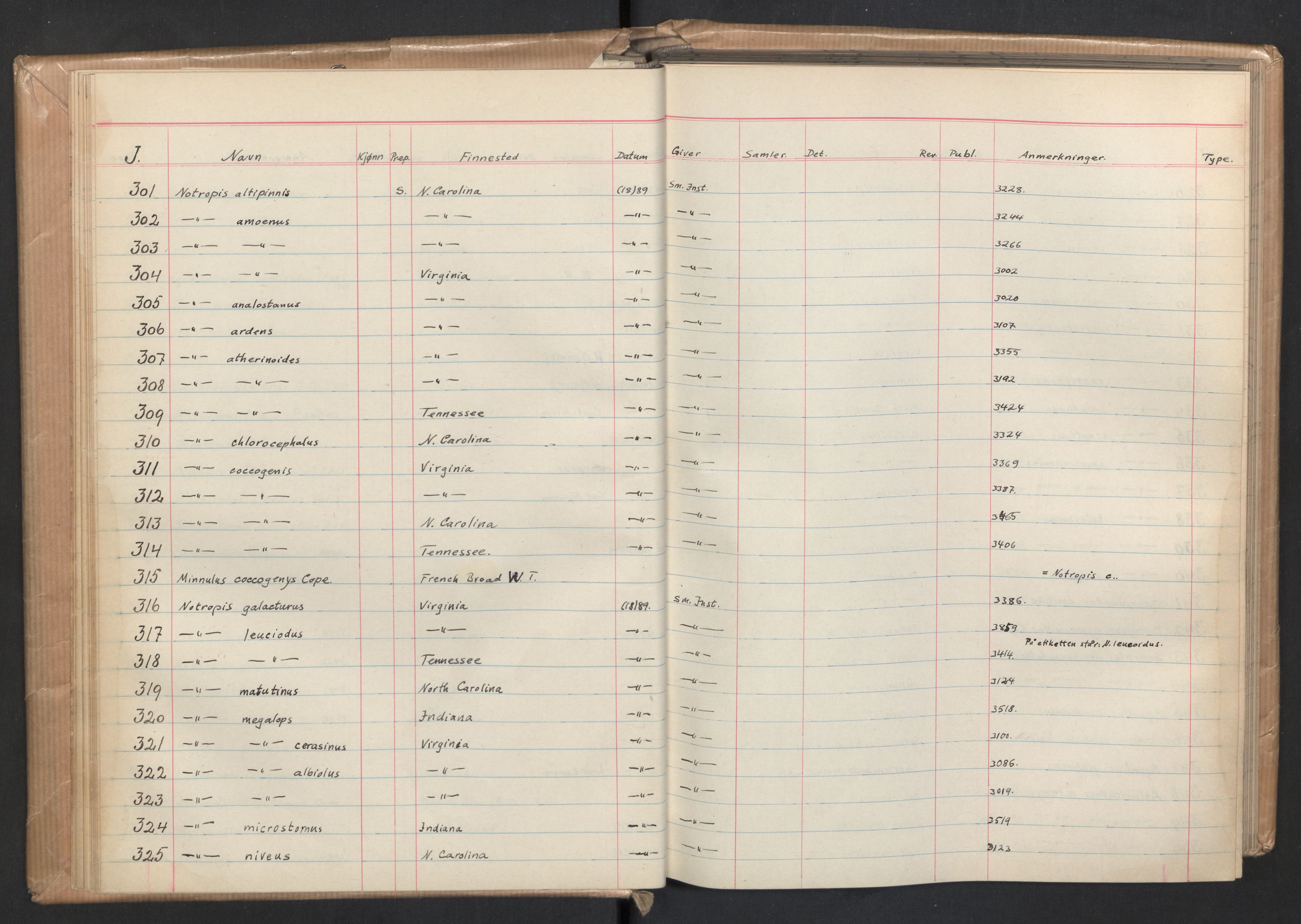 Naturhistorisk museum (Oslo), Zoologisk museum, NHMO/001/A/004: Lnr. 4 - Fisk. Samlingsjournal. Fiskesamlingen (J), nr. 1-5000