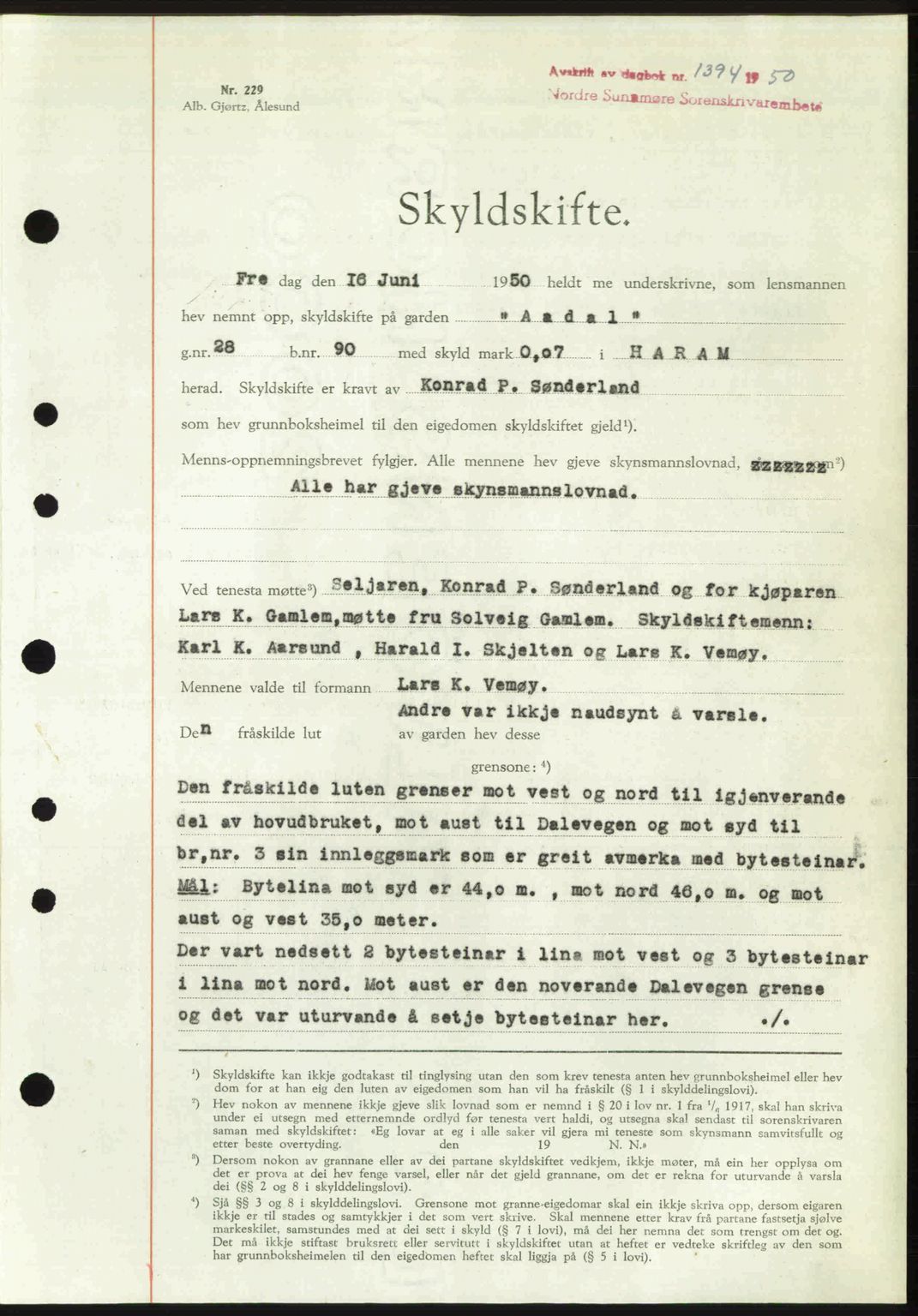 Nordre Sunnmøre sorenskriveri, SAT/A-0006/1/2/2C/2Ca: Pantebok nr. A35, 1950-1950, Dagboknr: 1394/1950