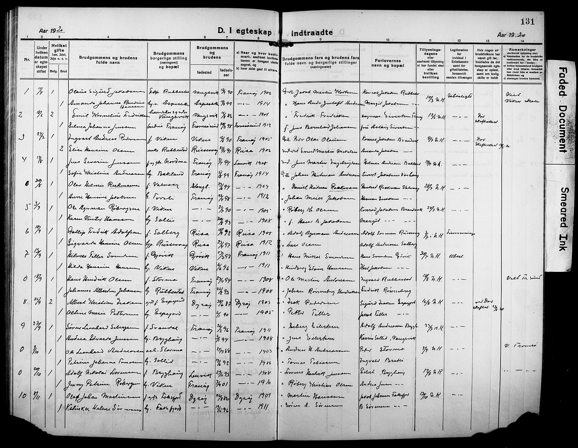 Tranøy sokneprestkontor, AV/SATØ-S-1313/I/Ia/Iab/L0006klokker: Klokkerbok nr. 6, 1919-1932, s. 131
