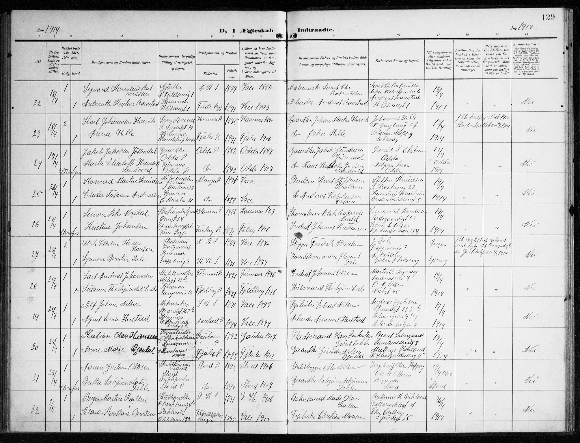 Korskirken sokneprestembete, AV/SAB-A-76101/H/Haa/L0038: Ministerialbok nr. D 5, 1904-1919, s. 129