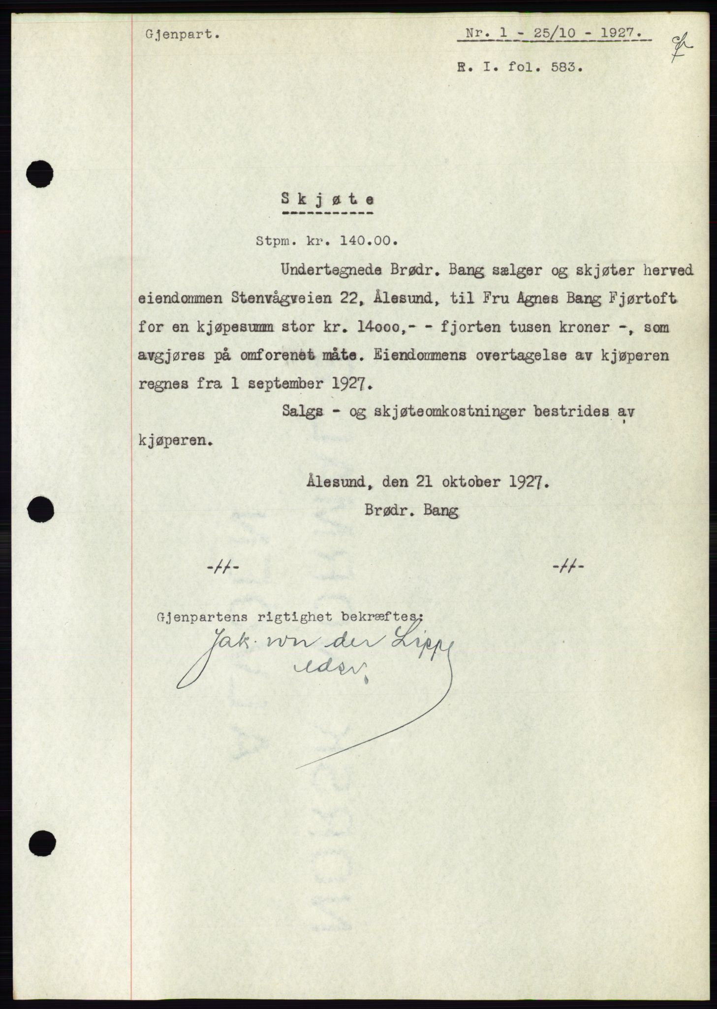 Ålesund byfogd, AV/SAT-A-4384: Pantebok nr. 22, 1927-1927, Tingl.dato: 25.10.1927