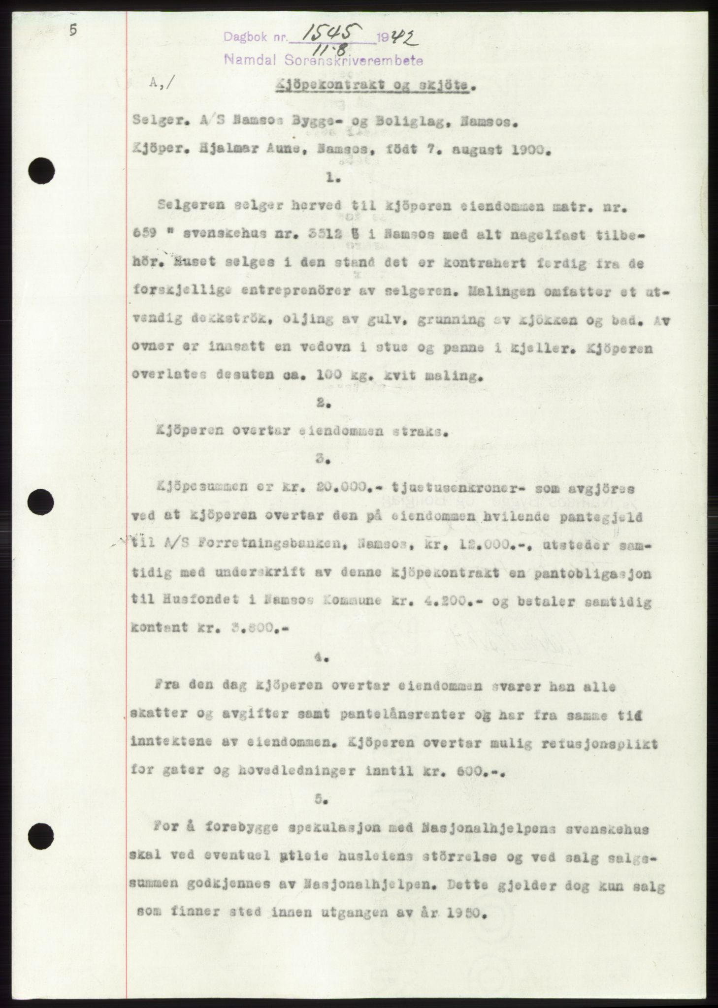 Namdal sorenskriveri, SAT/A-4133/1/2/2C: Pantebok nr. -, 1942-1943, Dagboknr: 1545/1942