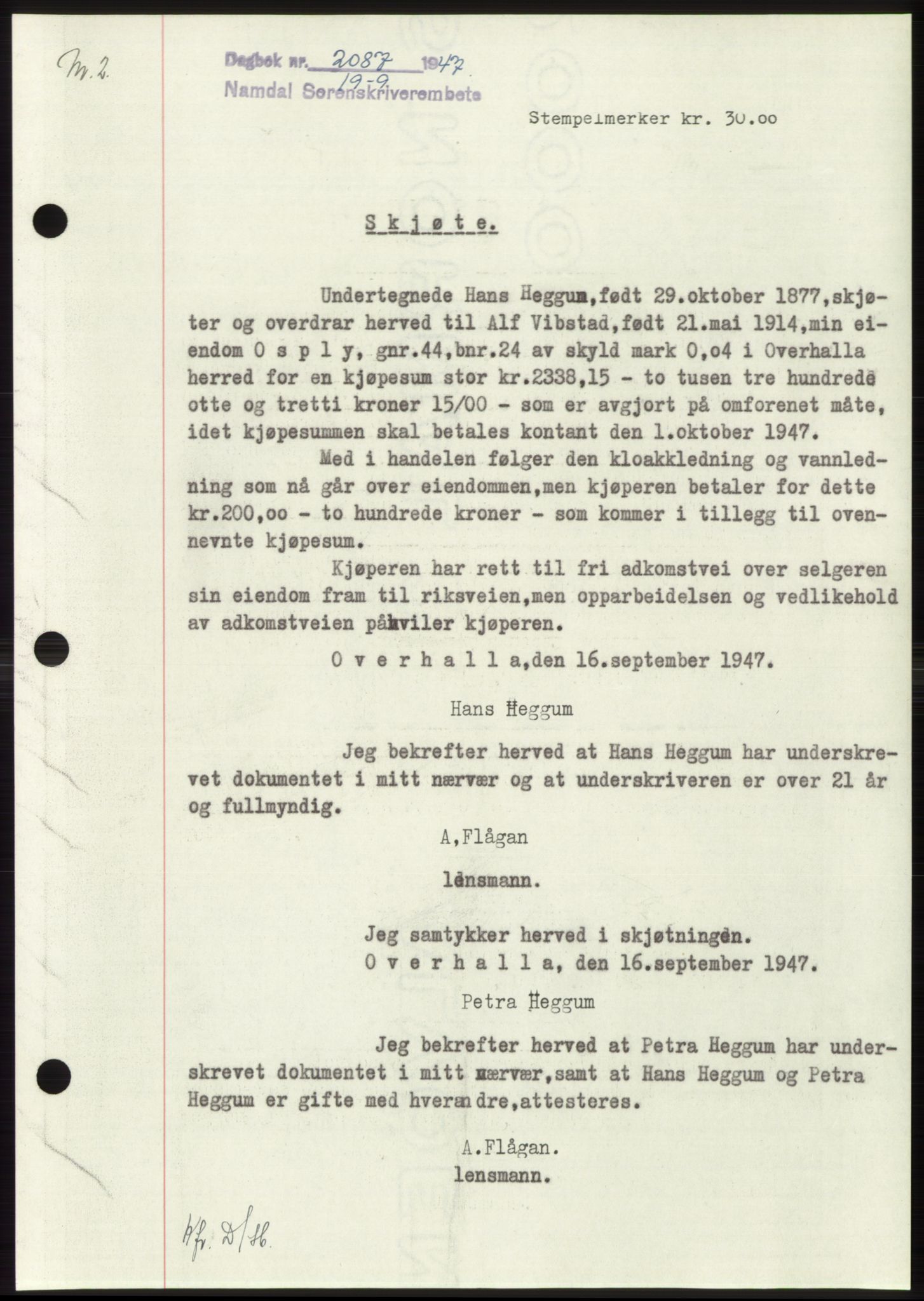 Namdal sorenskriveri, SAT/A-4133/1/2/2C: Pantebok nr. -, 1947-1947, Dagboknr: 2087/1947