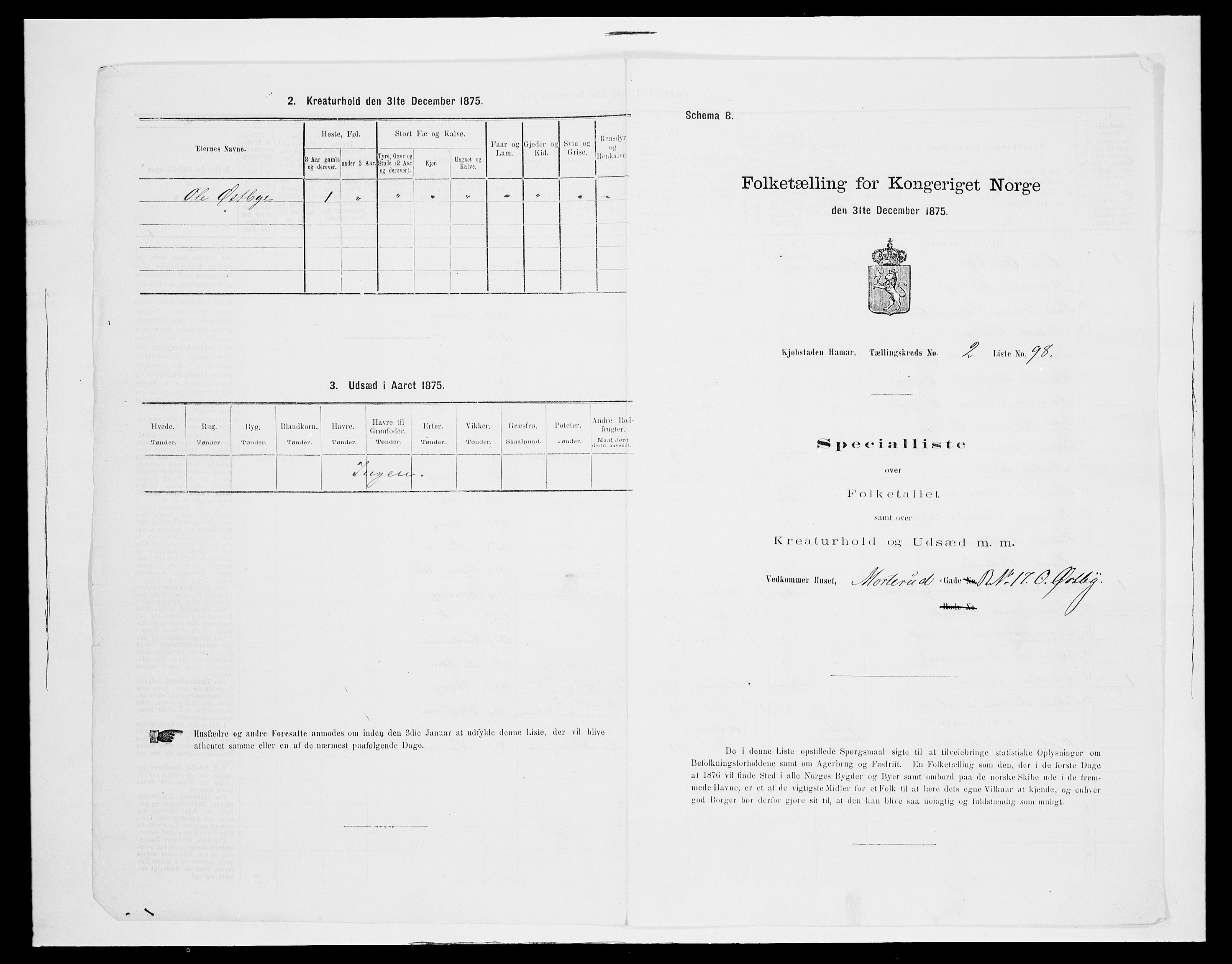 SAH, Folketelling 1875 for 0401B Vang prestegjeld, Hamar kjøpstad, 1875, s. 325