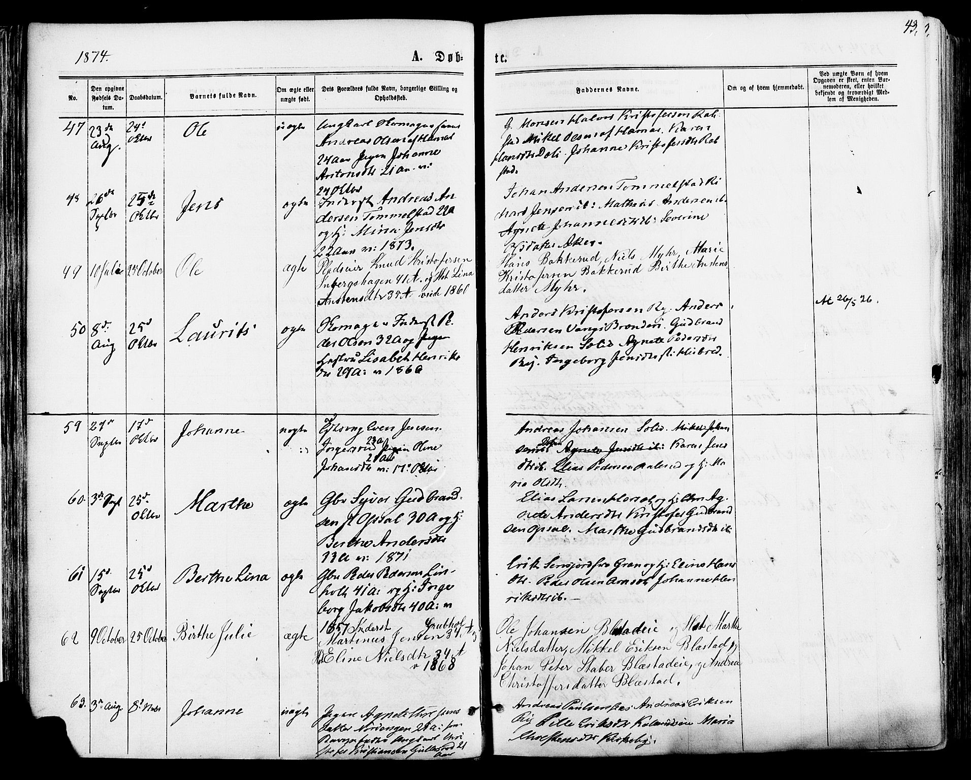 Vang prestekontor, Hedmark, AV/SAH-PREST-008/H/Ha/Haa/L0015: Ministerialbok nr. 15, 1871-1885, s. 43