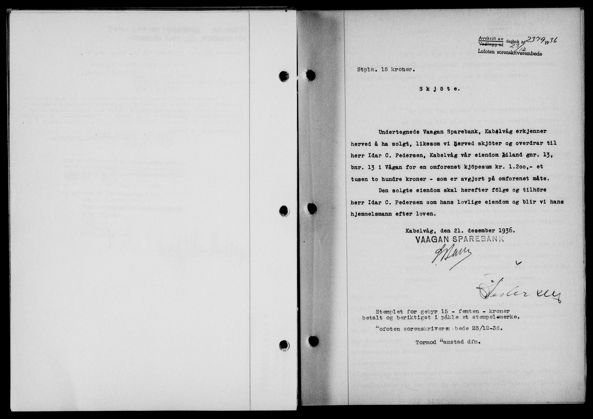 Lofoten sorenskriveri, SAT/A-0017/1/2/2C/L0001a: Pantebok nr. 1a, 1936-1937, Dagboknr: 2379/1936