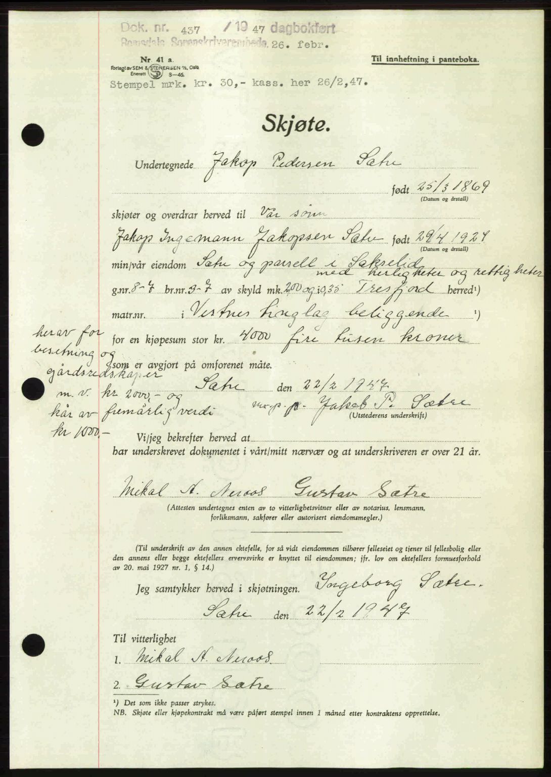 Romsdal sorenskriveri, SAT/A-4149/1/2/2C: Pantebok nr. A22, 1947-1947, Dagboknr: 437/1947