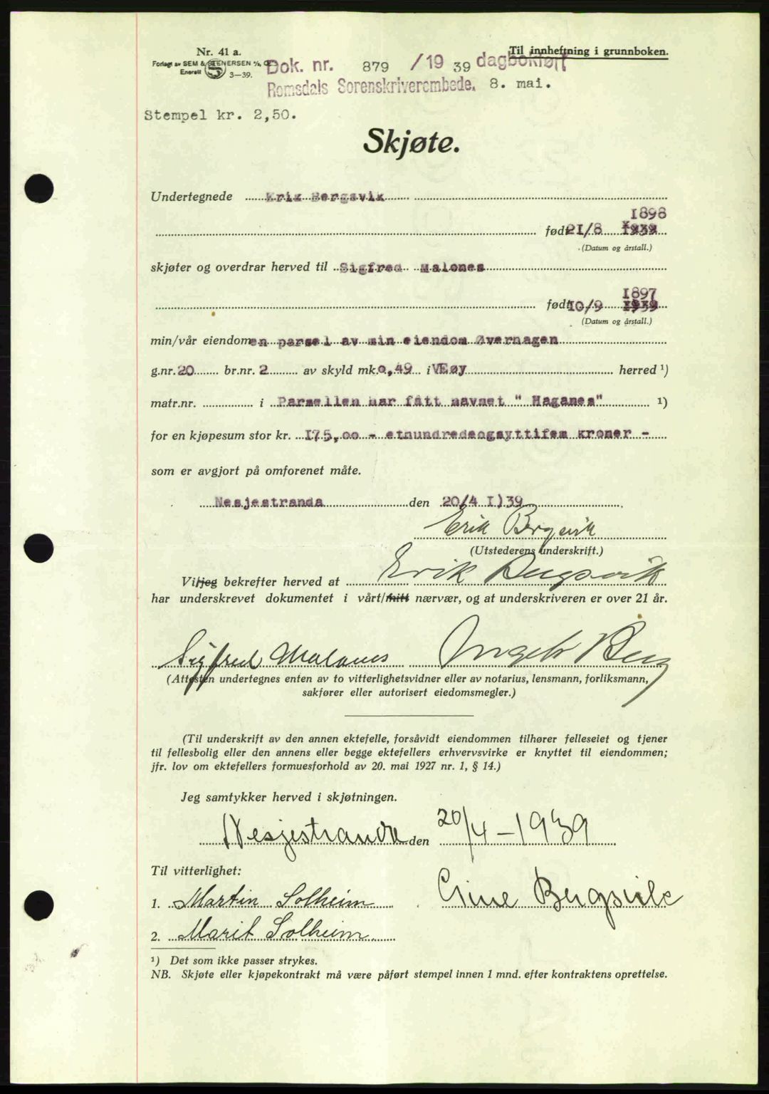 Romsdal sorenskriveri, AV/SAT-A-4149/1/2/2C: Pantebok nr. A6, 1938-1939, Dagboknr: 879/1939