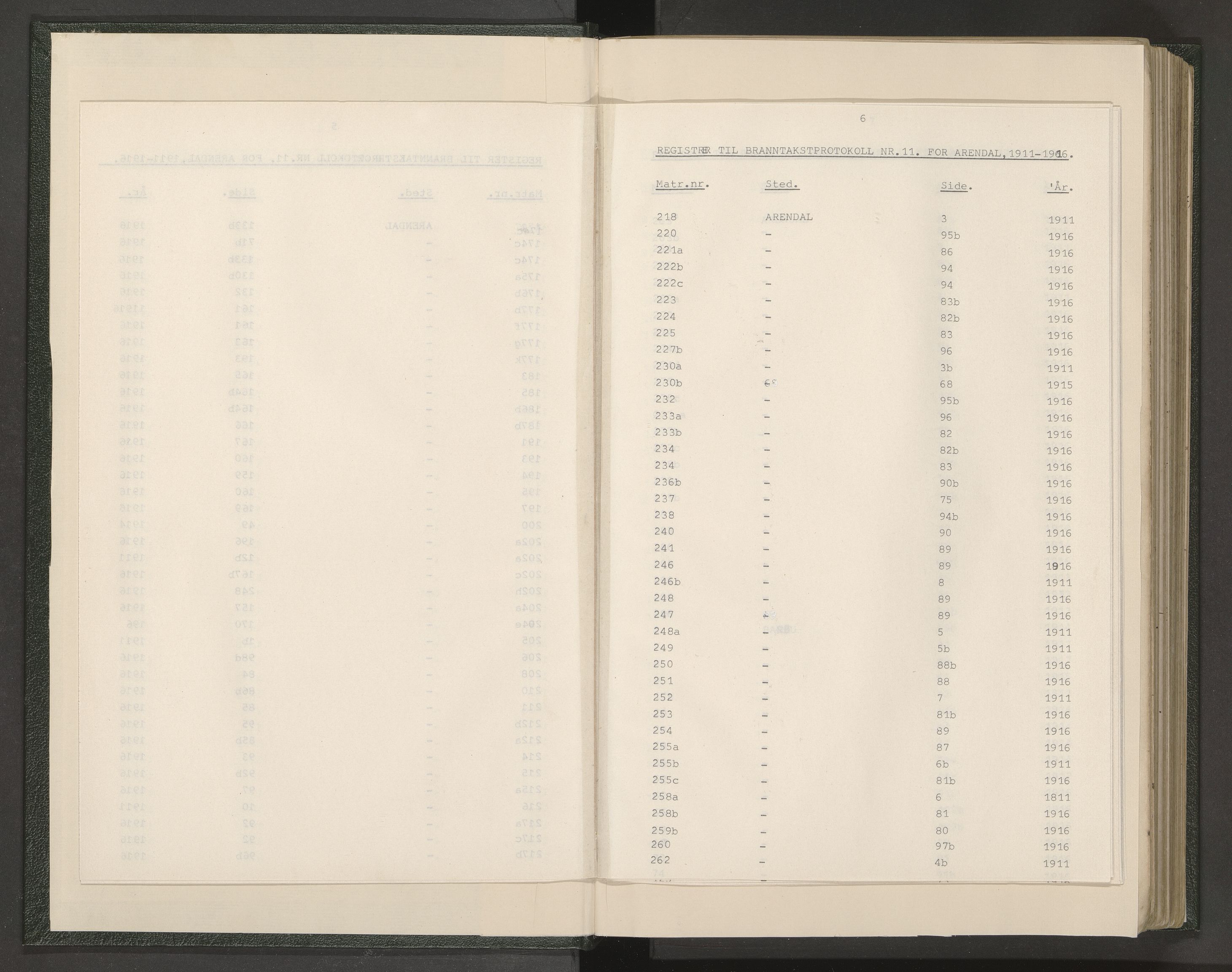 Norges Brannkasse Arendal, AV/SAK-2241-0002/F/Fa/L0028: Branntakstprotokoll nr. 26 med matrikkelnummerregister, 1911-1916