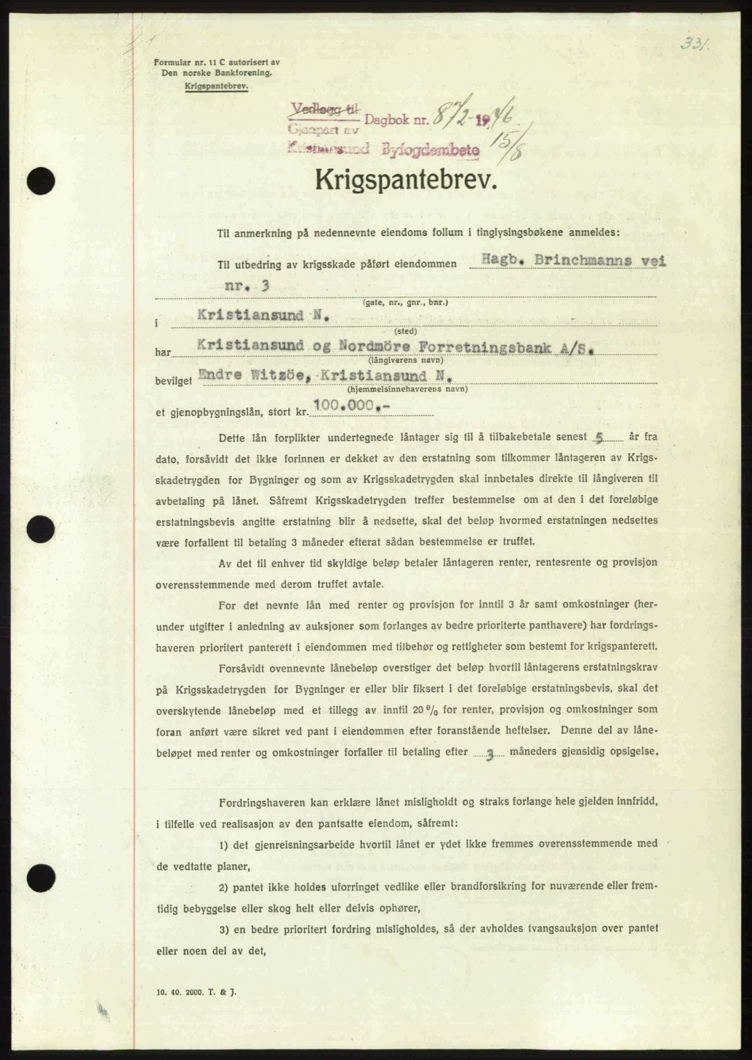 Kristiansund byfogd, AV/SAT-A-4587/A/27: Pantebok nr. 40, 1946-1946, Dagboknr: 872/1946