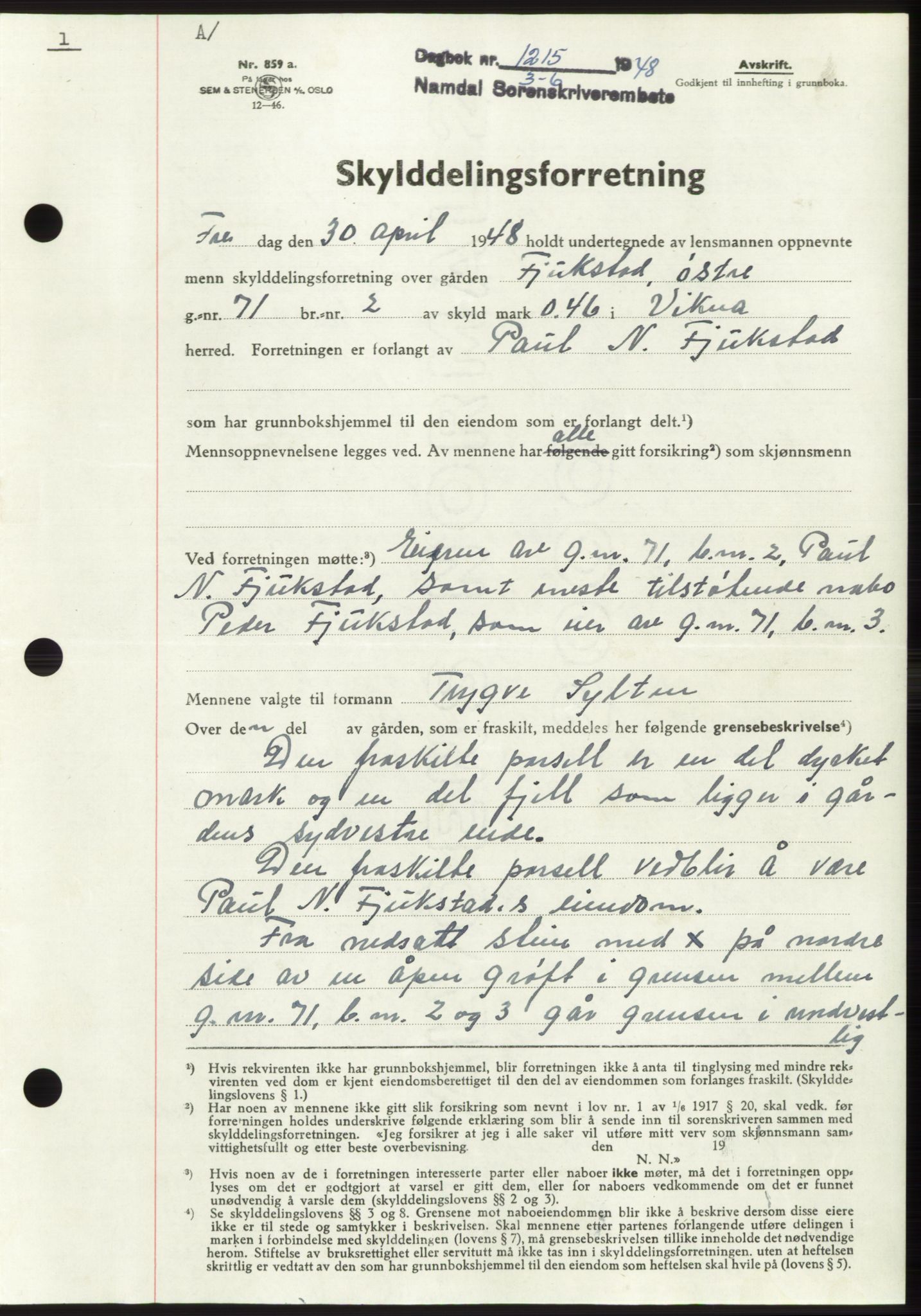 Namdal sorenskriveri, SAT/A-4133/1/2/2C: Pantebok nr. -, 1948-1948, Dagboknr: 1215/1948
