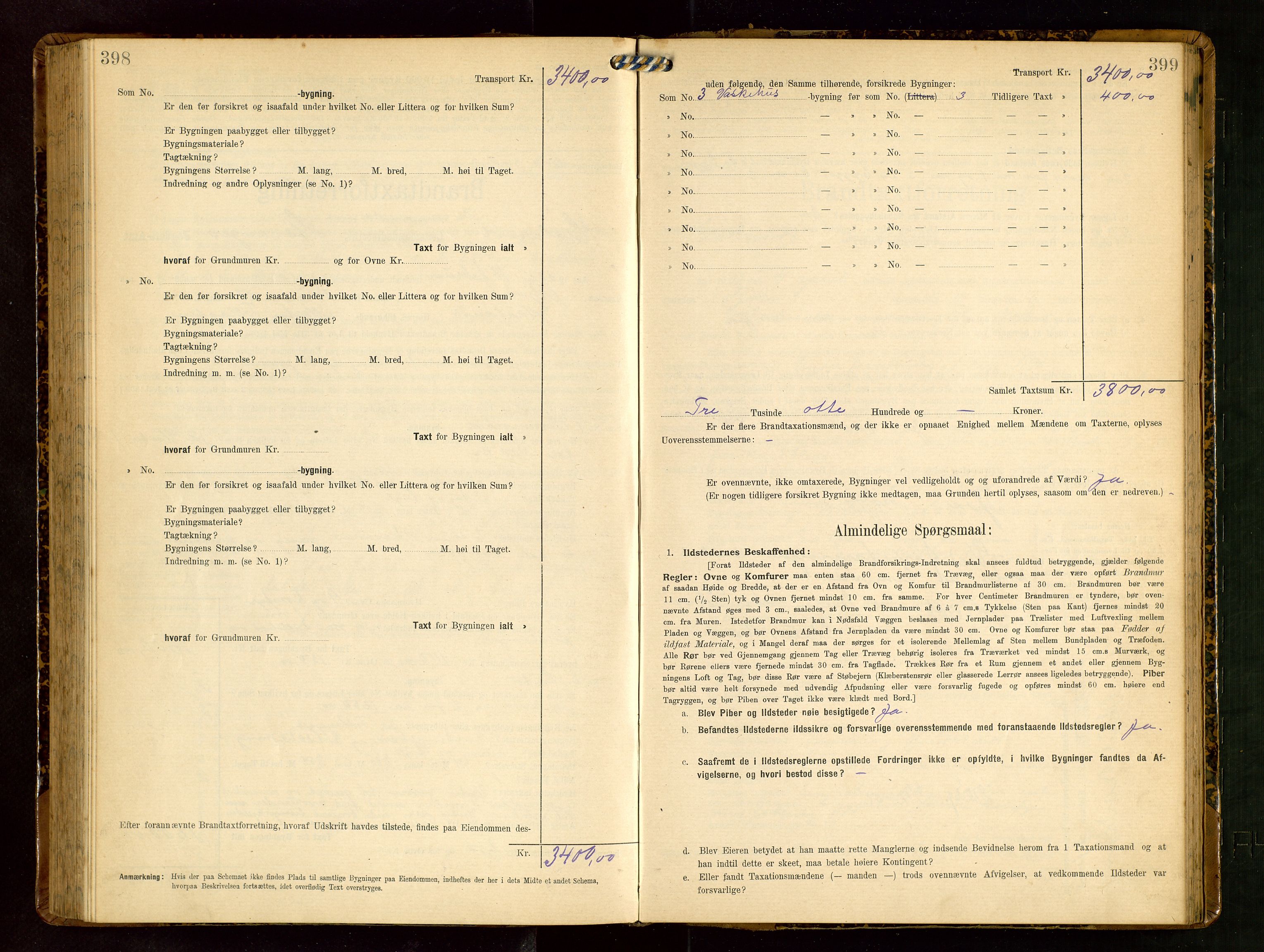 Håland lensmannskontor, AV/SAST-A-100100/Gob/L0003: Branntakstprotokoll - skjematakst. Register i boken., 1909-1910, s. 398-399