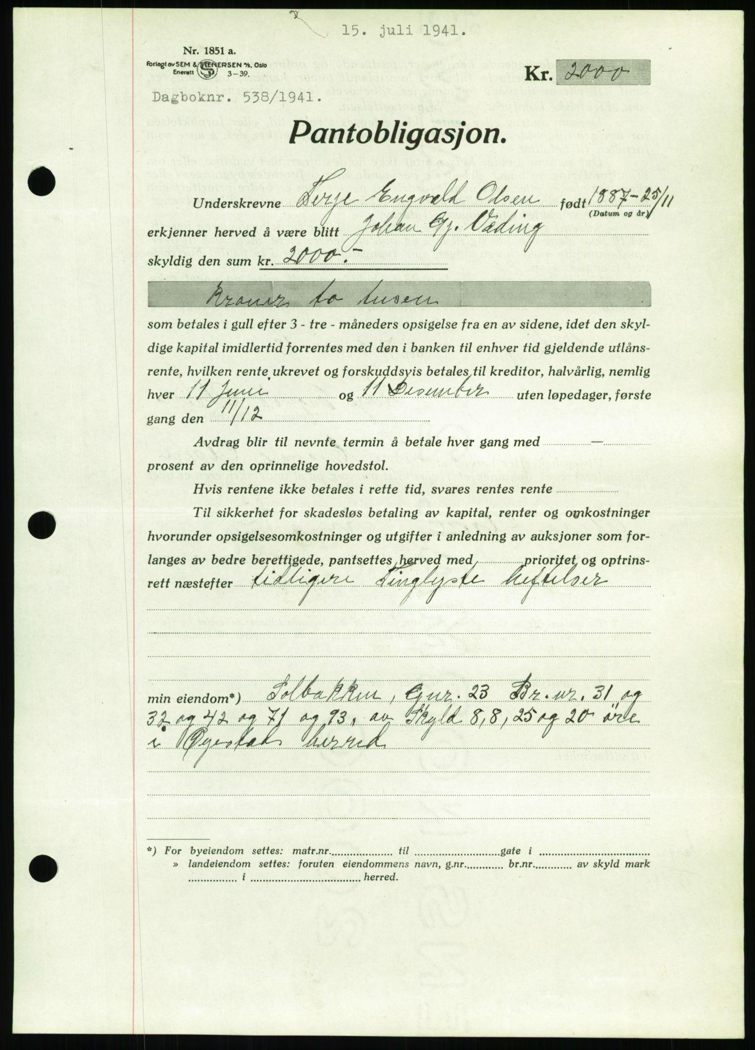 Nedenes sorenskriveri, SAK/1221-0006/G/Gb/Gbb/L0001: Pantebok nr. I, 1939-1942, Dagboknr: 538/1941