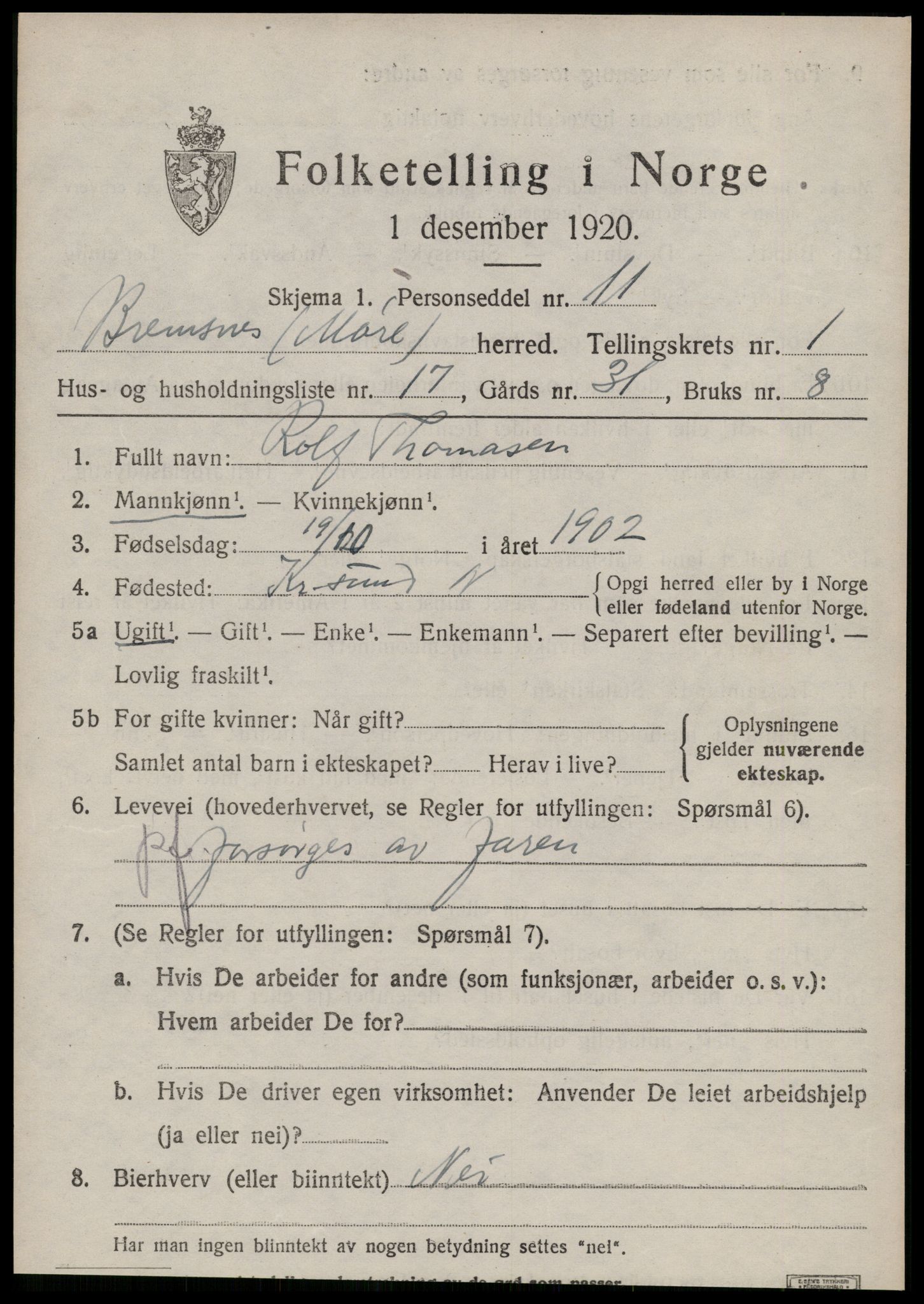 SAT, Folketelling 1920 for 1554 Bremsnes herred, 1920, s. 1711