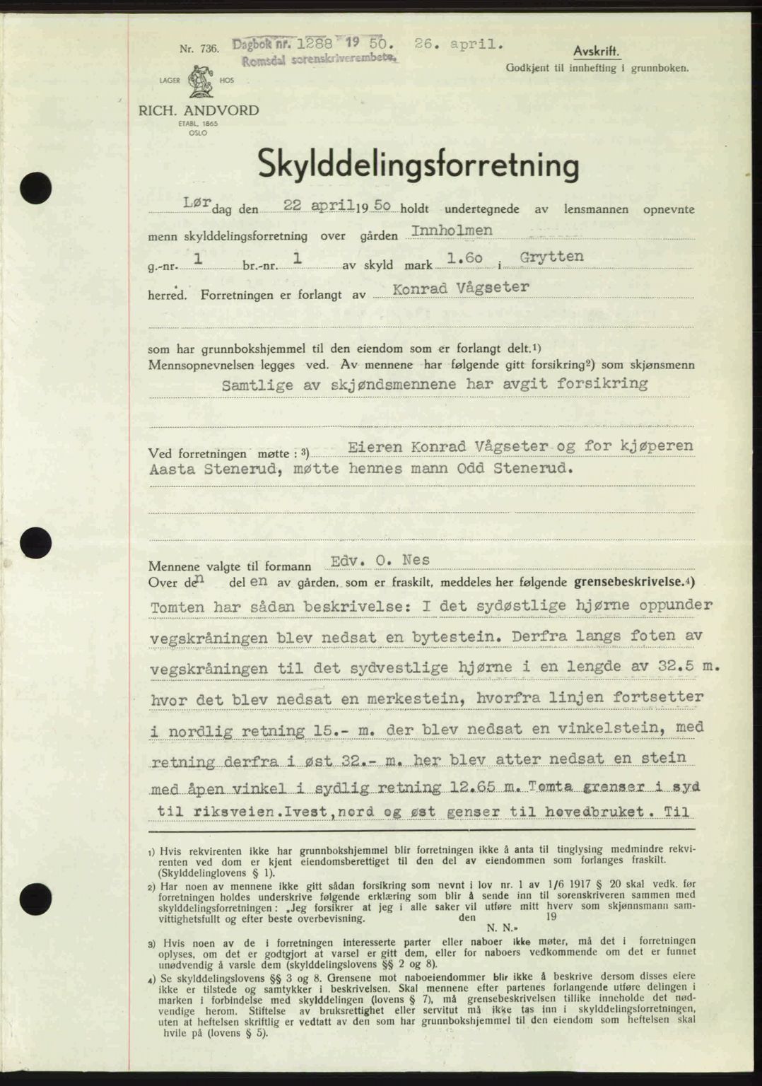 Romsdal sorenskriveri, SAT/A-4149/1/2/2C: Pantebok nr. A33, 1950-1950, Dagboknr: 1288/1950