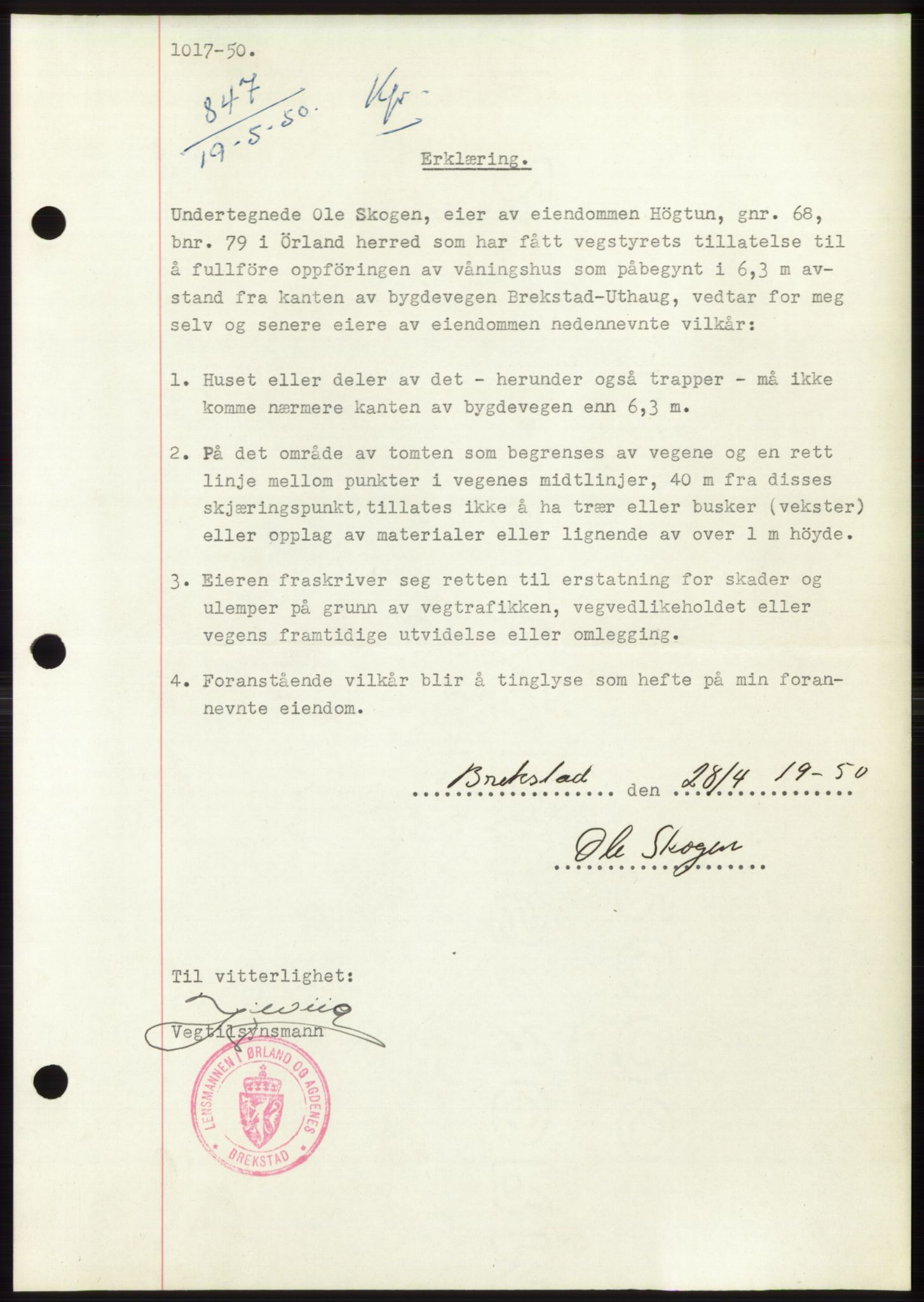 Fosen sorenskriveri, AV/SAT-A-1107/1/2/2C: Pantebok nr. B3, 1948-1950, Dagboknr: 847/1950