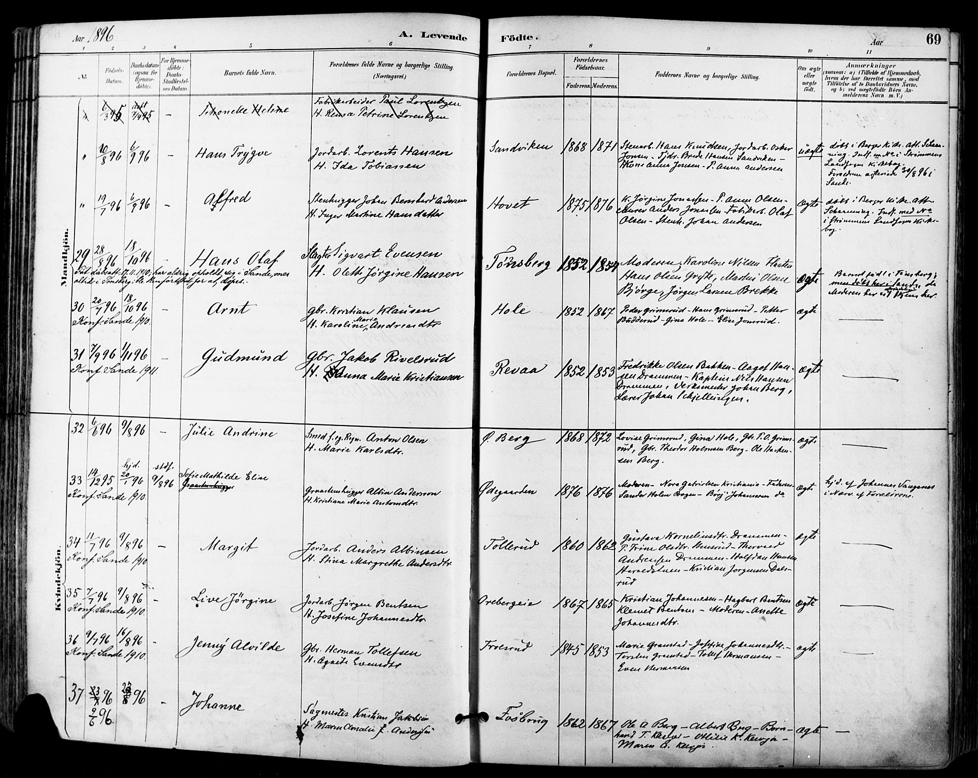 Sande Kirkebøker, AV/SAKO-A-53/F/Fa/L0007: Ministerialbok nr. 7, 1888-1903, s. 69