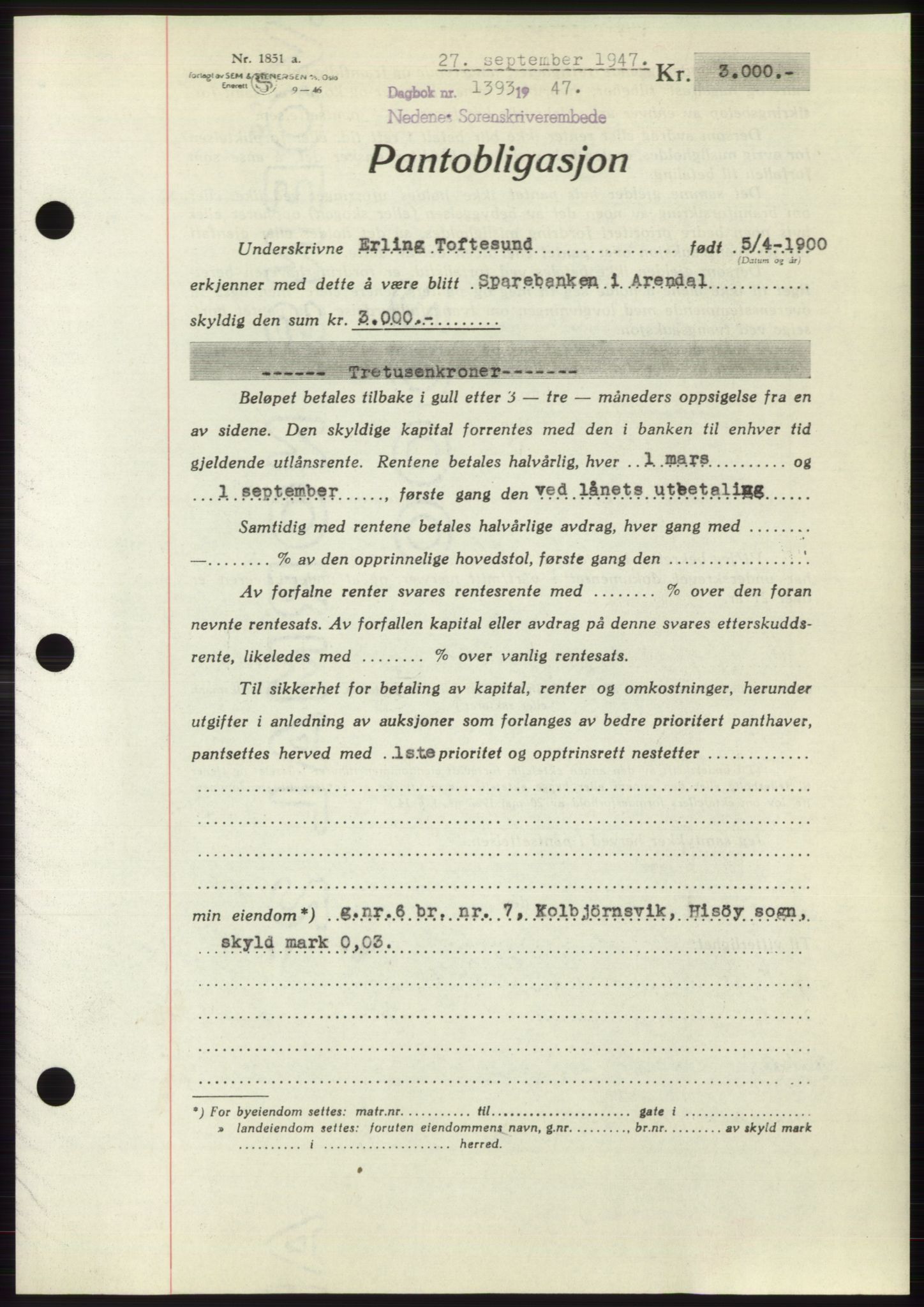 Nedenes sorenskriveri, AV/SAK-1221-0006/G/Gb/Gbb/L0004: Pantebok nr. B4, 1947-1947, Dagboknr: 1393/1947