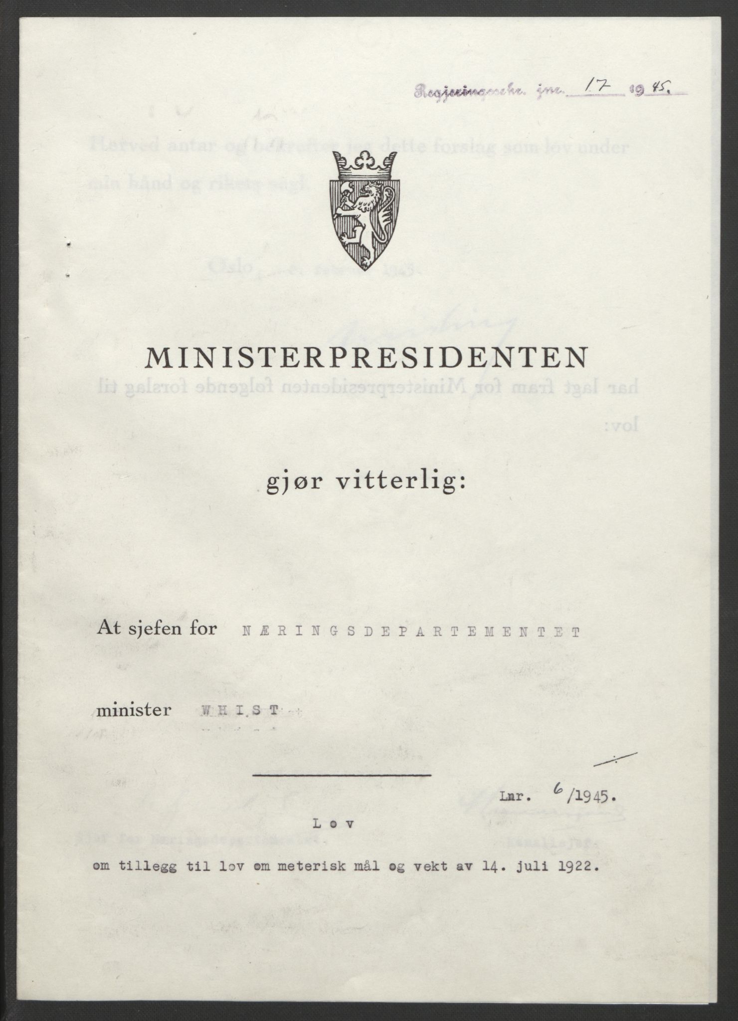 NS-administrasjonen 1940-1945 (Statsrådsekretariatet, de kommisariske statsråder mm), RA/S-4279/D/Db/L0101/0001: -- / Lover og vedtak, 1945, s. 23