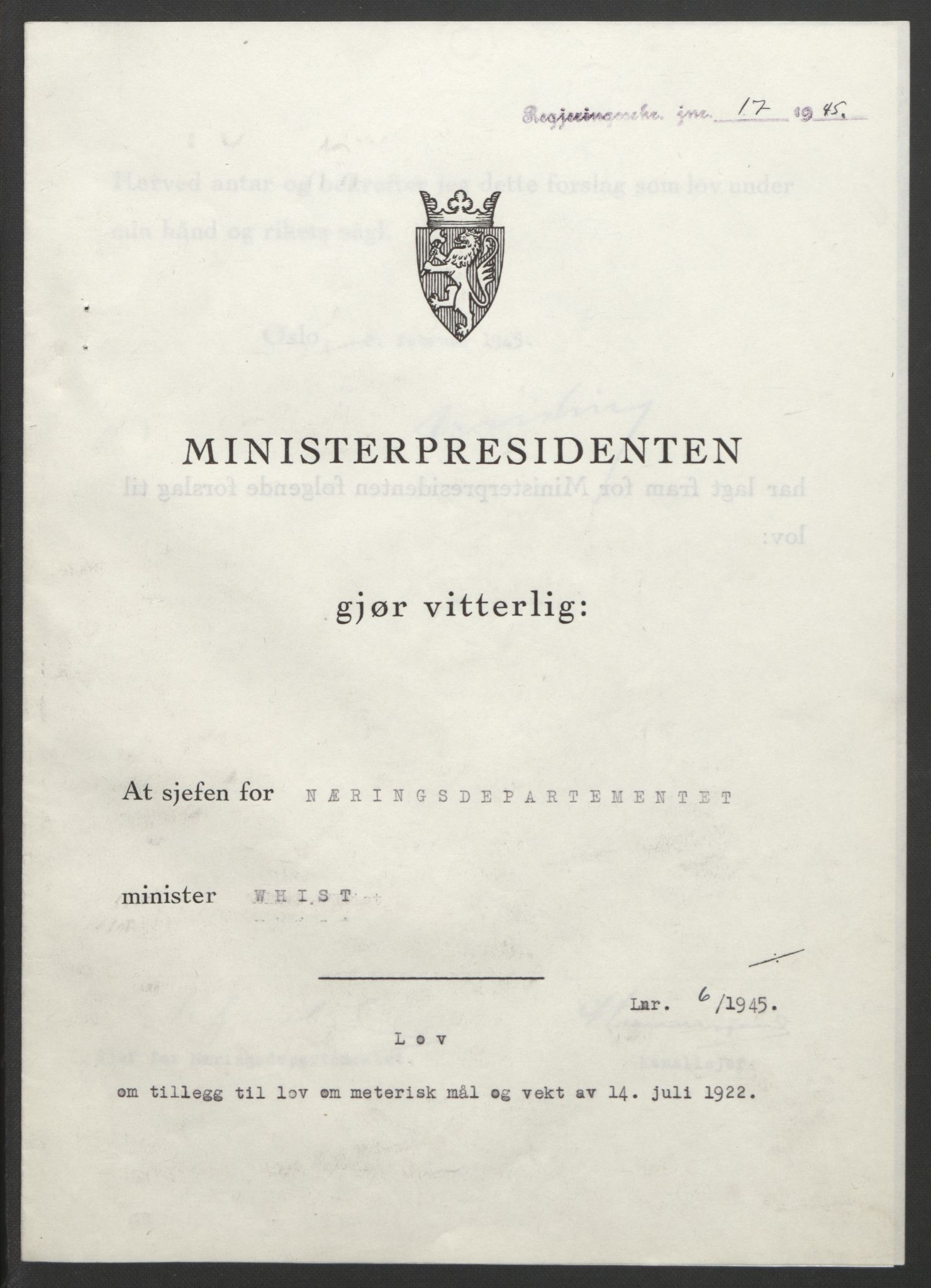 NS-administrasjonen 1940-1945 (Statsrådsekretariatet, de kommisariske statsråder mm), AV/RA-S-4279/D/Db/L0101/0001: -- / Lover og vedtak, 1945, s. 23