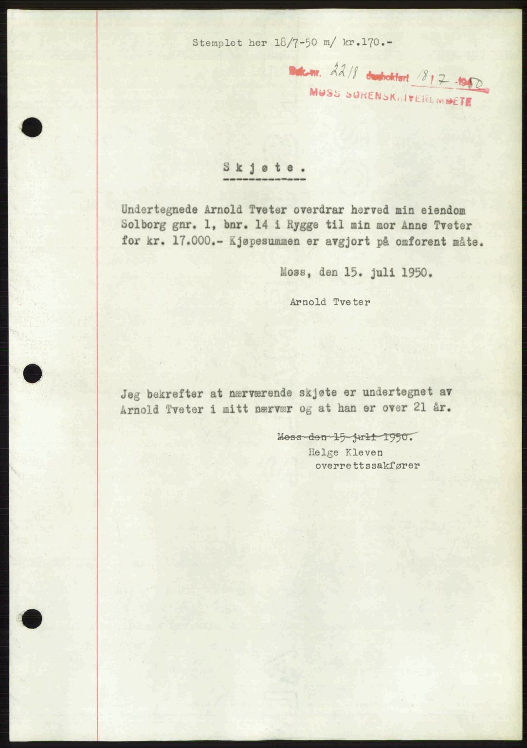 Moss sorenskriveri, SAO/A-10168: Pantebok nr. A26, 1950-1950, Dagboknr: 2218/1950