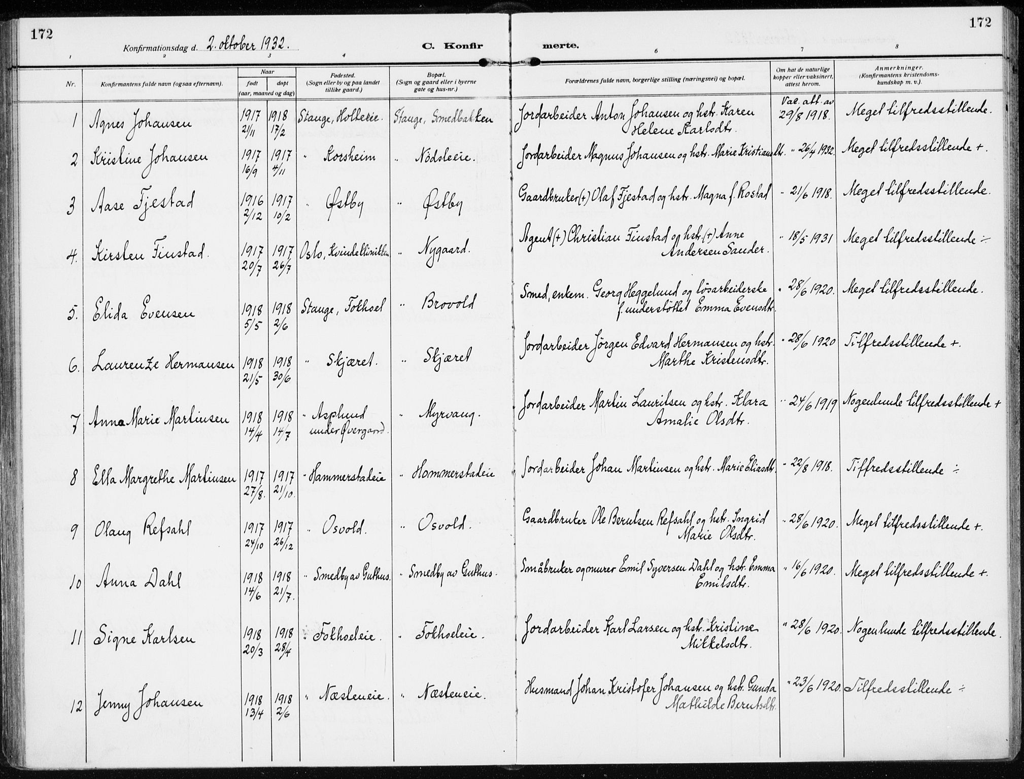 Stange prestekontor, AV/SAH-PREST-002/K/L0026: Ministerialbok nr. 26, 1923-1937, s. 172