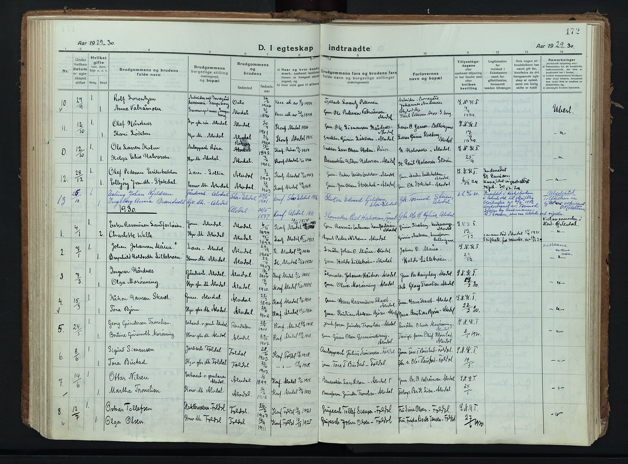 Alvdal prestekontor, AV/SAH-PREST-060/H/Ha/Haa/L0006: Ministerialbok nr. 6, 1920-1937, s. 172