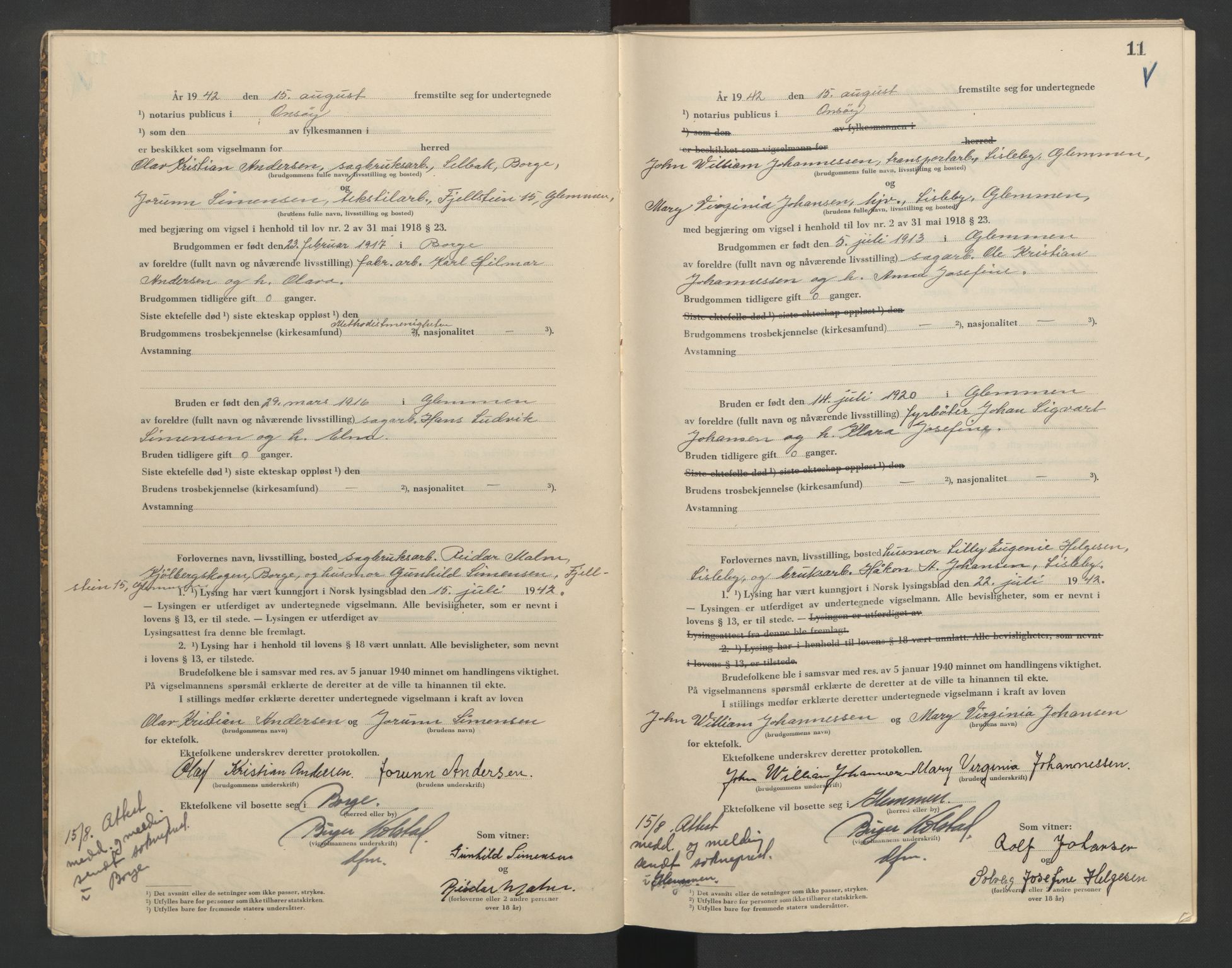 Onsøy sorenskriveri, AV/SAO-A-10474/L/La/L0002: Vigselsbok, 1942-1943, s. 11