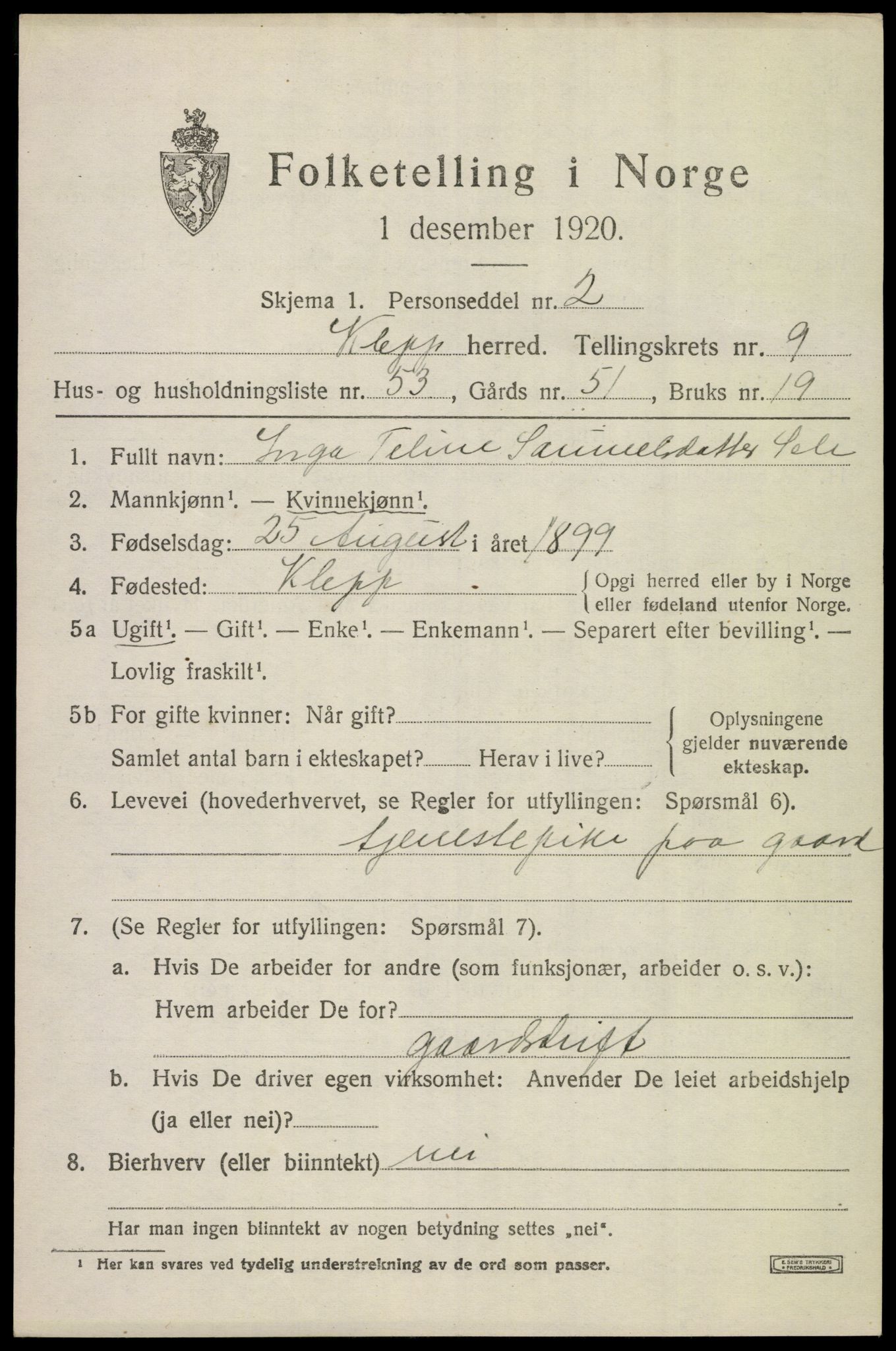 SAST, Folketelling 1920 for 1120 Klepp herred, 1920, s. 8240