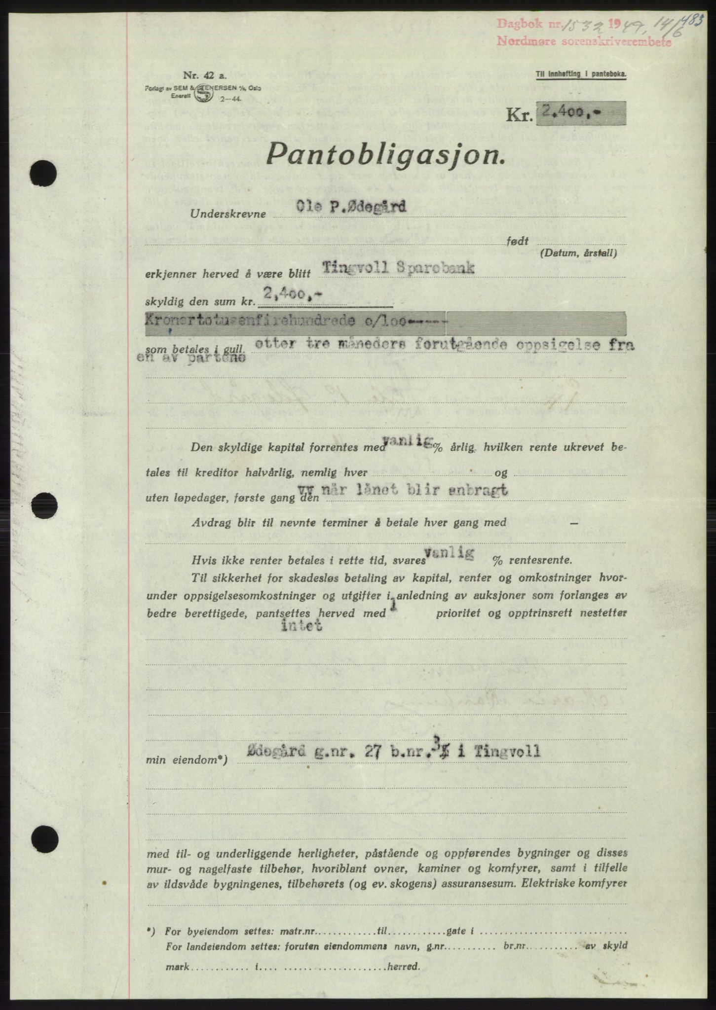 Nordmøre sorenskriveri, SAT/A-4132/1/2/2Ca: Pantebok nr. B101, 1949-1949, Dagboknr: 1532/1949