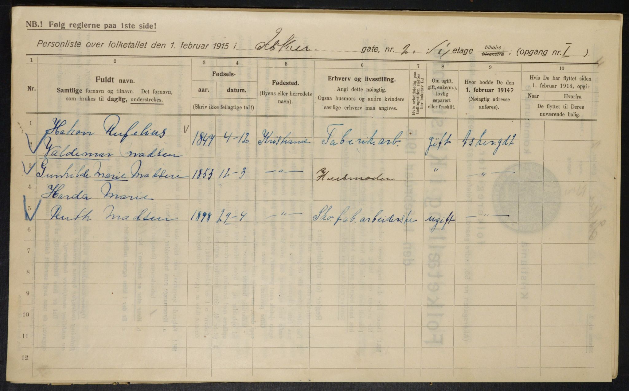 OBA, Kommunal folketelling 1.2.1915 for Kristiania, 1915, s. 2585