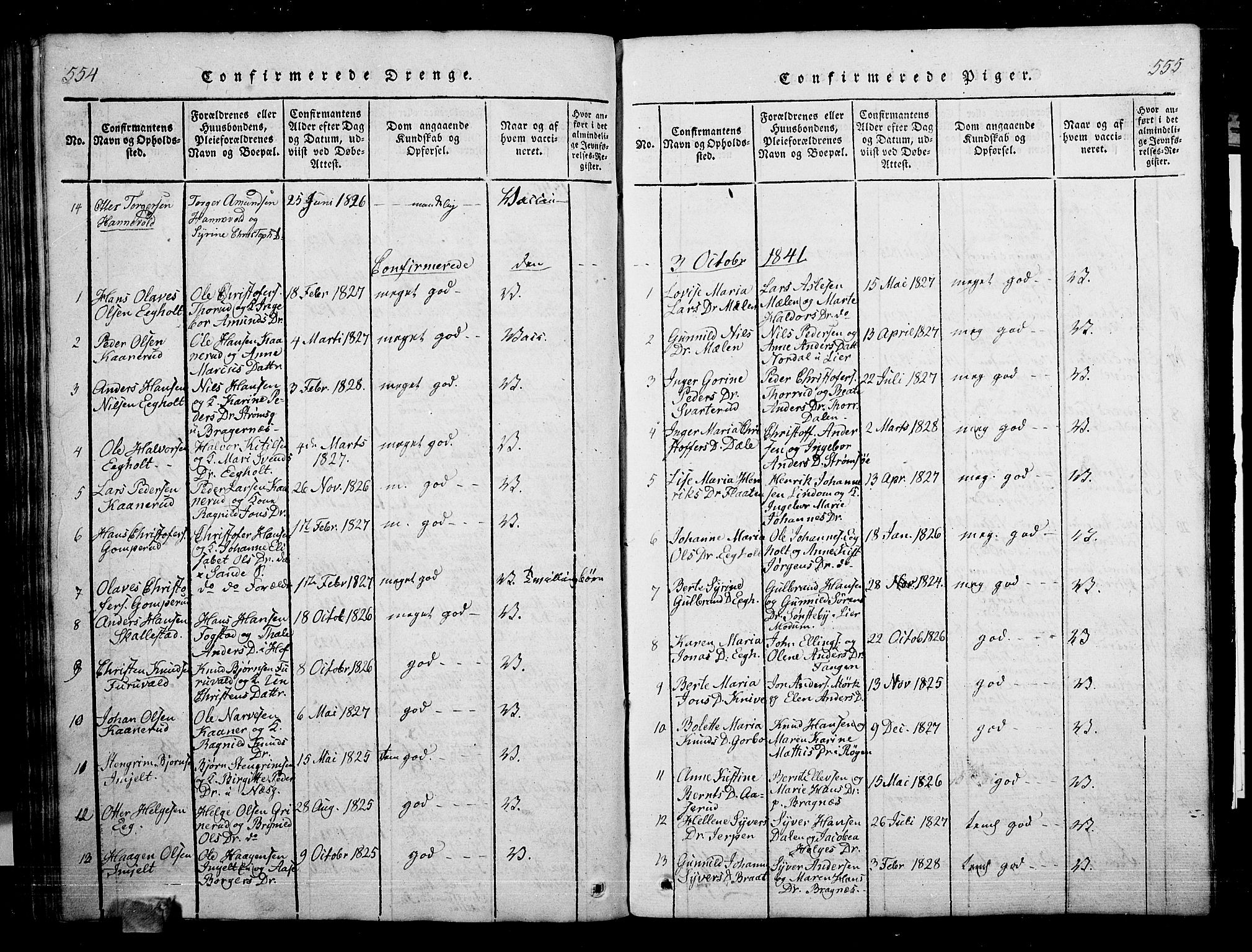 Skoger kirkebøker, SAKO/A-59/G/Ga/L0001: Klokkerbok nr. I 1, 1814-1845, s. 554-555