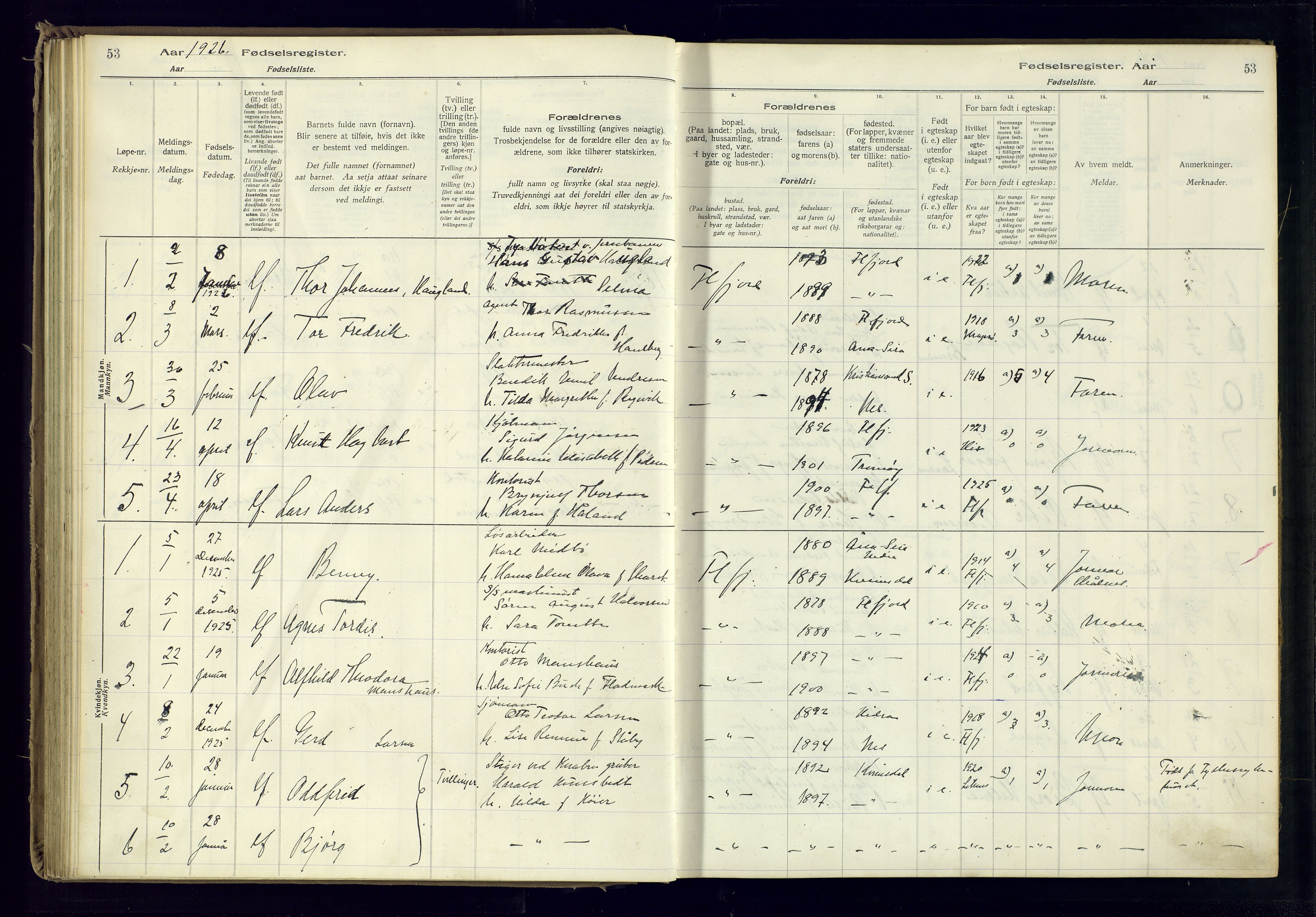 Flekkefjord sokneprestkontor, AV/SAK-1111-0012/J/Ja/L0001: Fødselsregister nr. 1, 1916-1948, s. 53