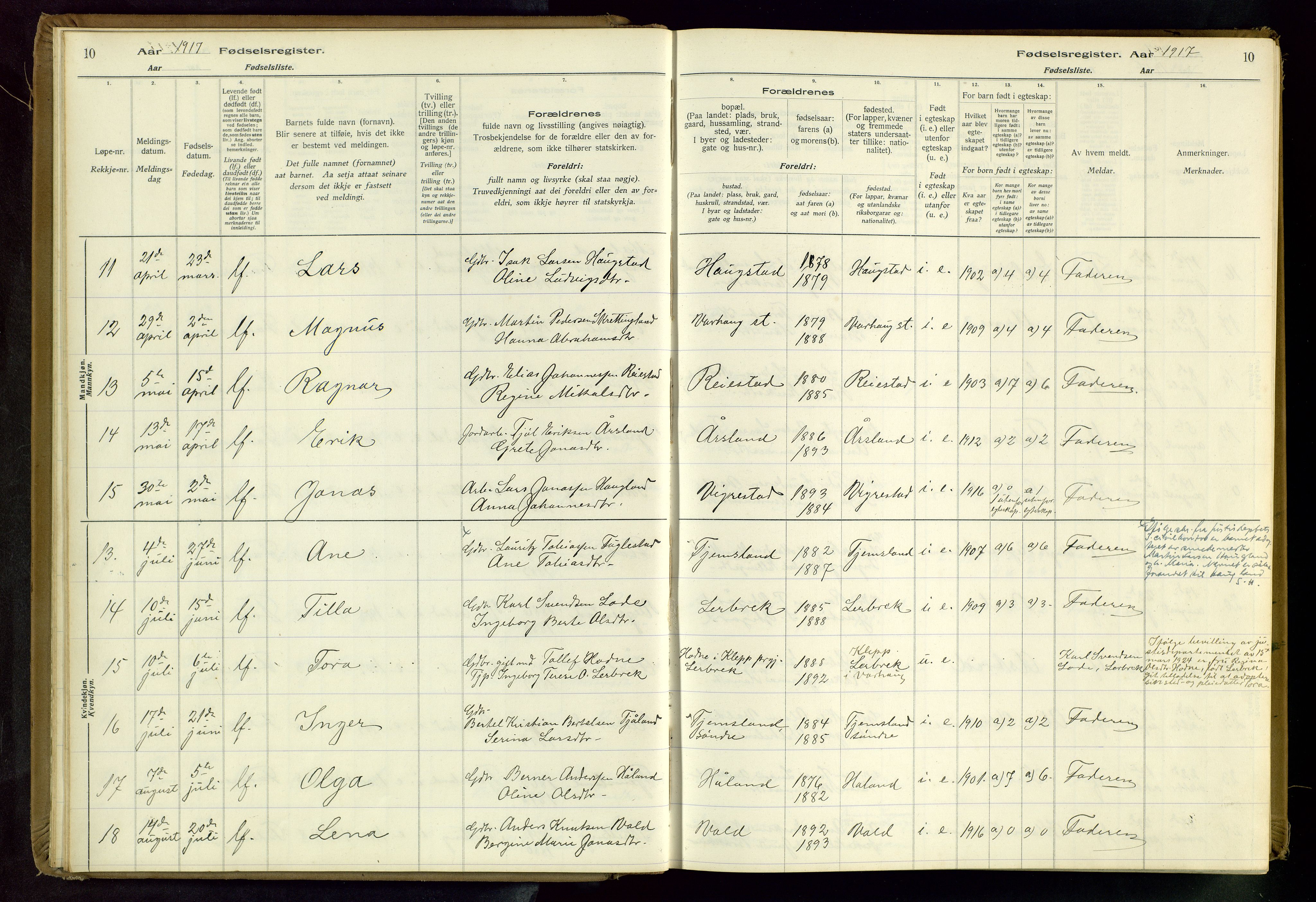 Hå sokneprestkontor, AV/SAST-A-101801/001/704BA/L0001: Fødselsregister nr. 1, 1916-1944, s. 10