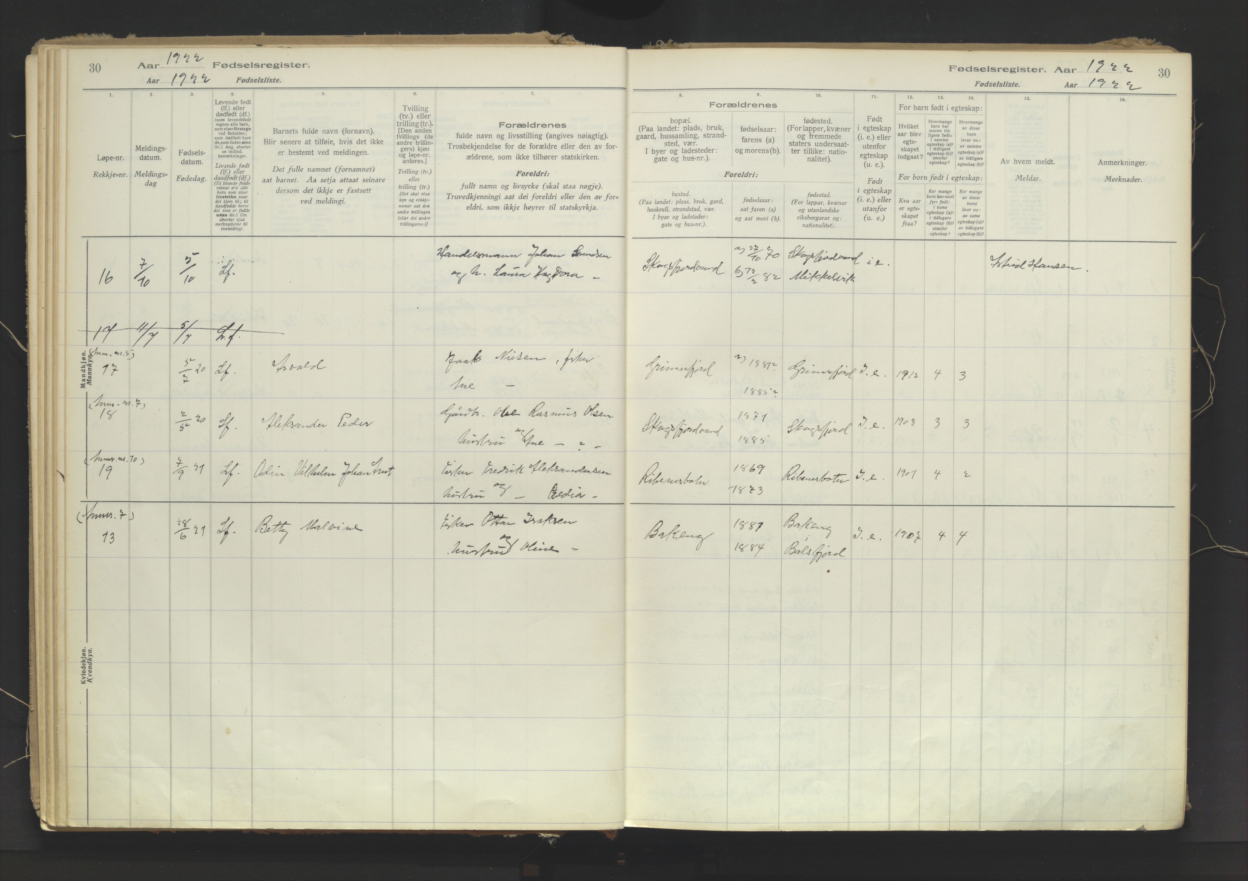 Karlsøy sokneprestembete, AV/SATØ-S-1299/I/Ic/L0067: Fødselsregister nr. 67, 1916-1958, s. 30