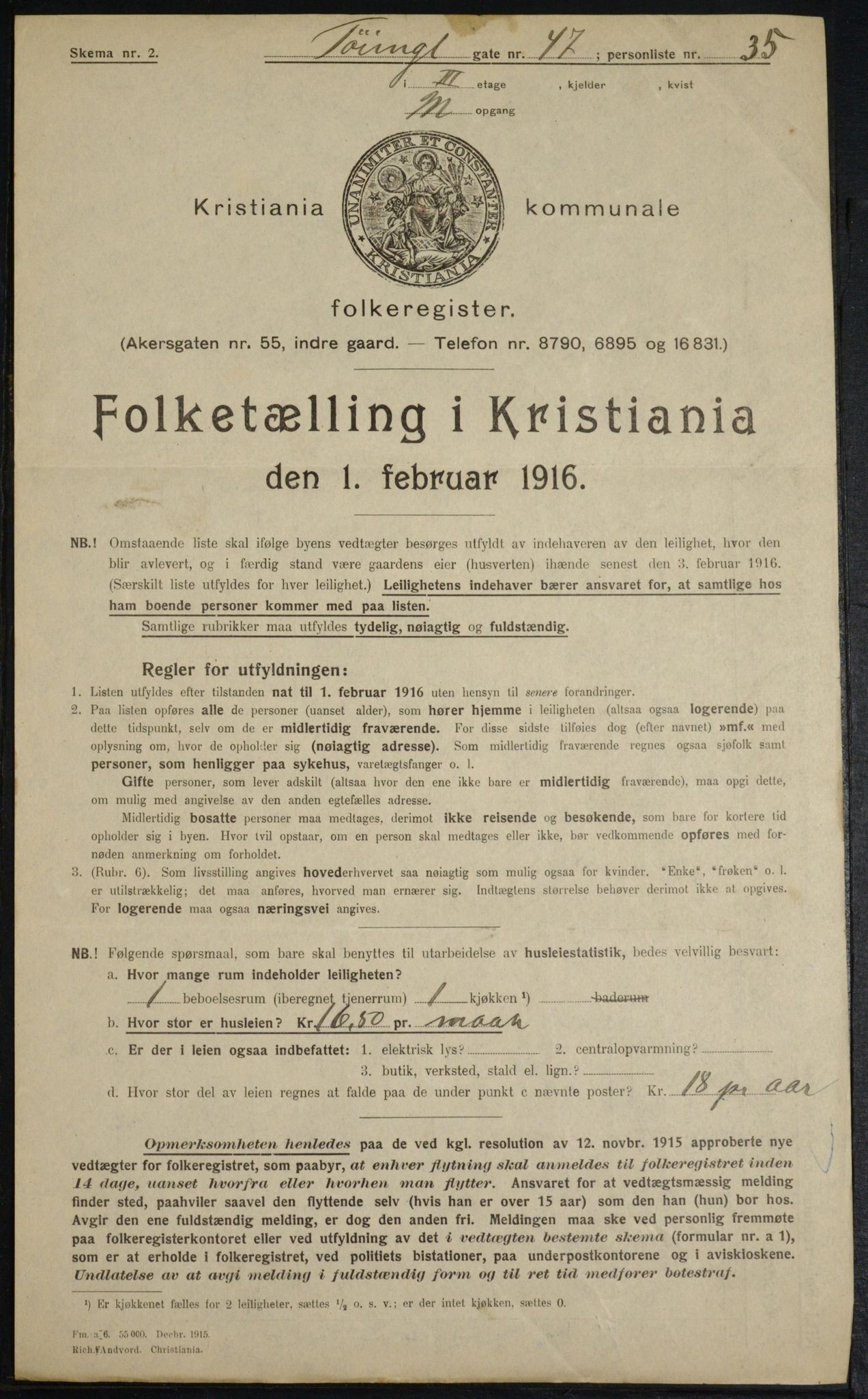 OBA, Kommunal folketelling 1.2.1916 for Kristiania, 1916, s. 122096