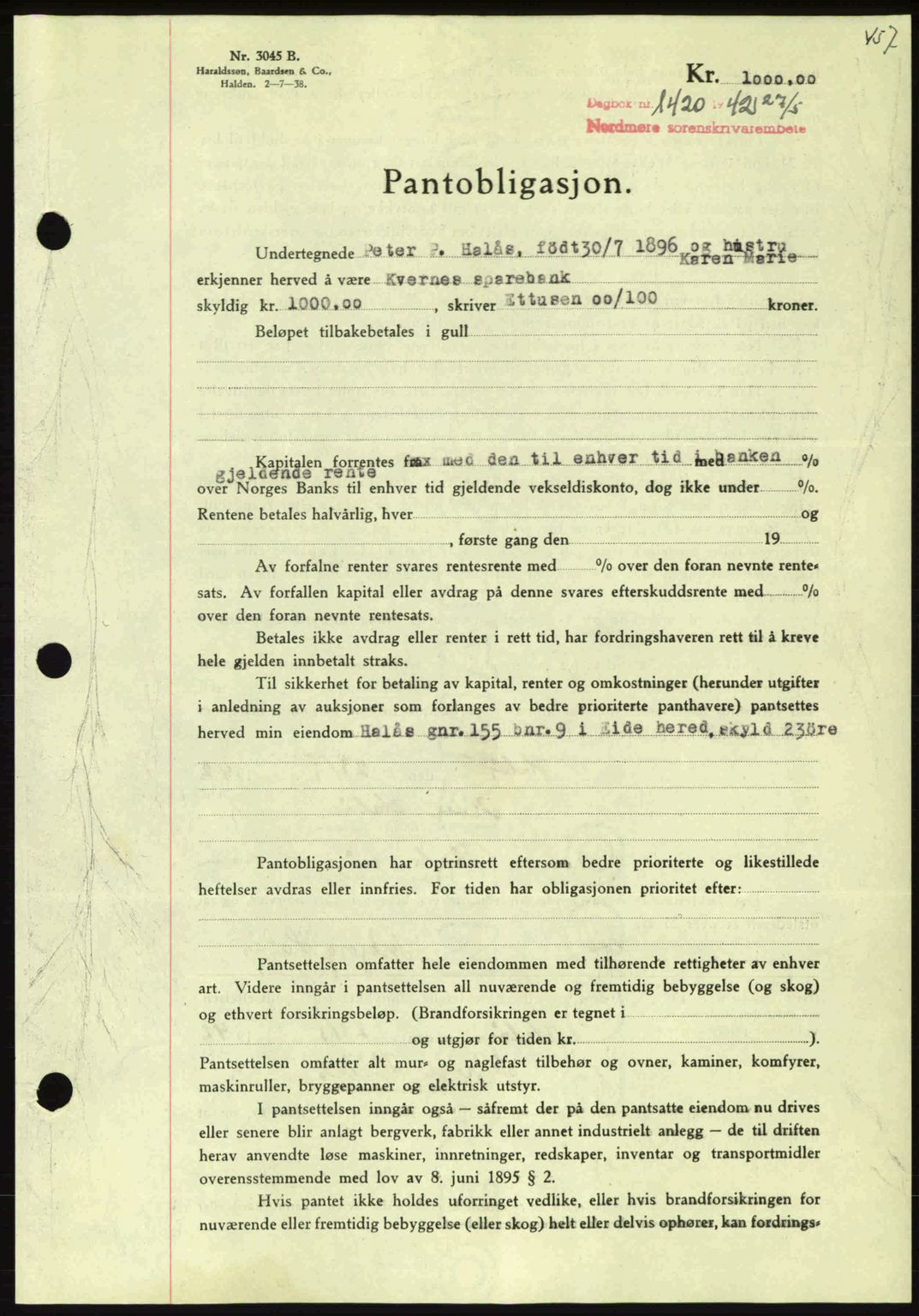 Nordmøre sorenskriveri, AV/SAT-A-4132/1/2/2Ca: Pantebok nr. B89, 1942-1942, Dagboknr: 1420/1942