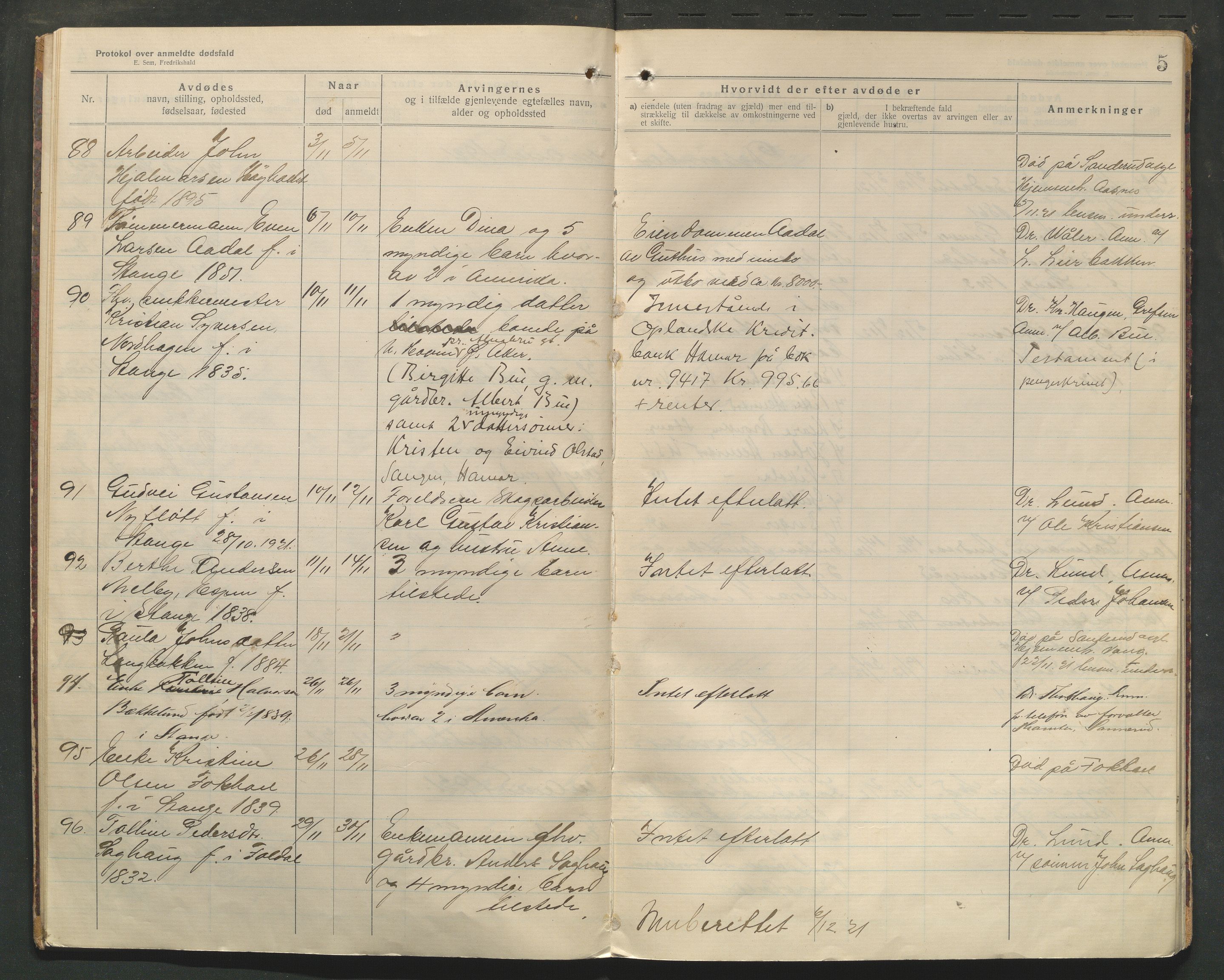 Stange lensmannskontor, SAH/LHS-020/H/Ha/Haa/L0001/0004: Dødsfallsprotokoller / Dødsfallsprotokoll, 1921-1925, s. 5